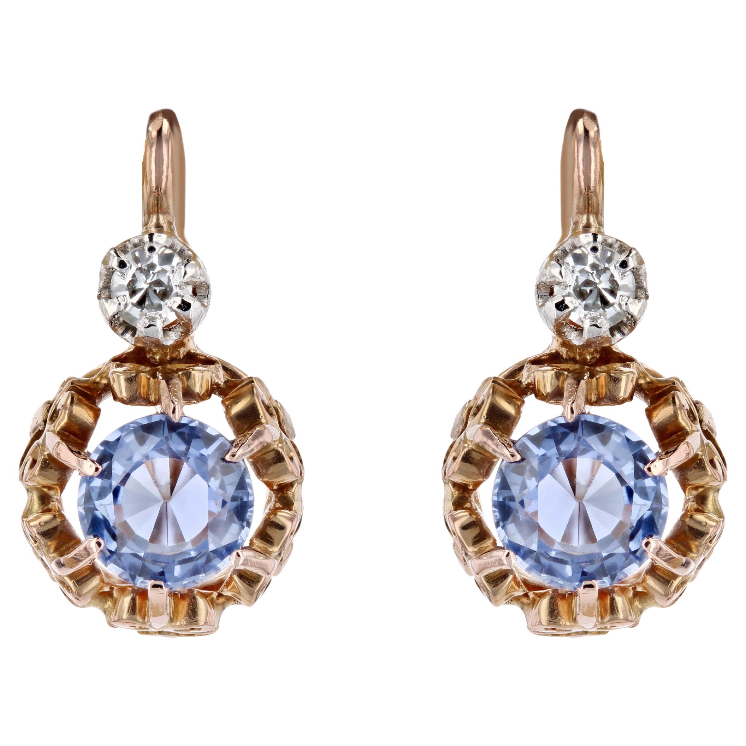 20th Century Sapphires Diamonds 18 Karat Rose Gold Platinum Lever-Back Earrings