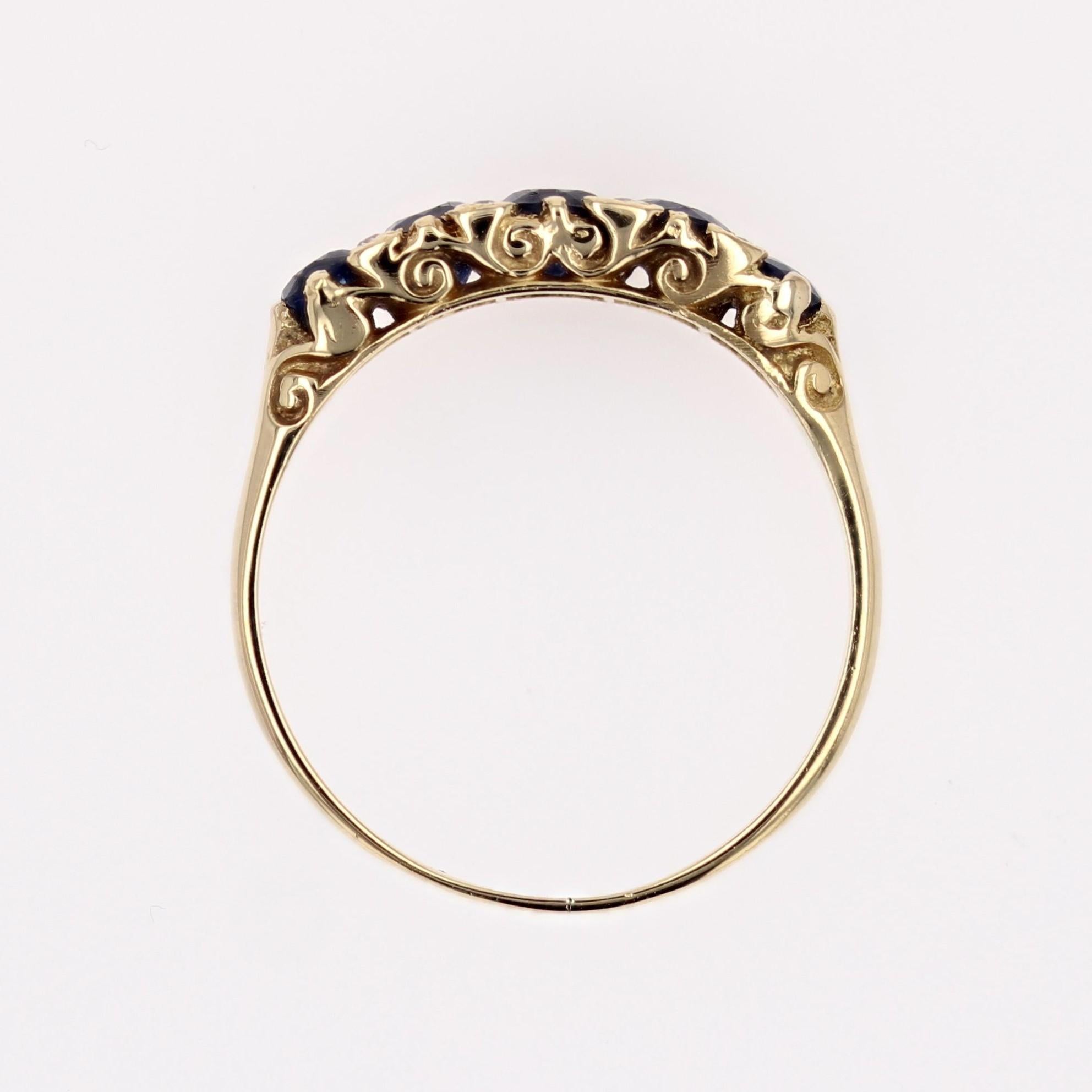 20ème siècle Bague jarretière en or jaune 18 carats saphirs diamants 7
