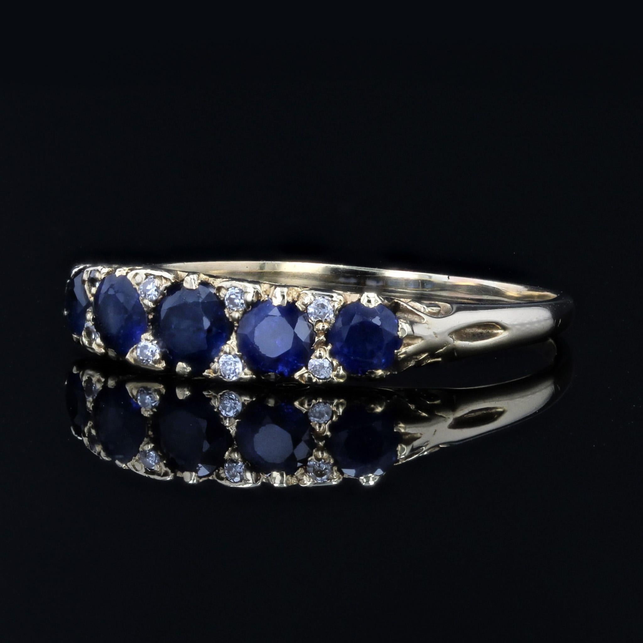 20ème siècle Bague jarretière en or jaune 18 carats saphirs diamants 1