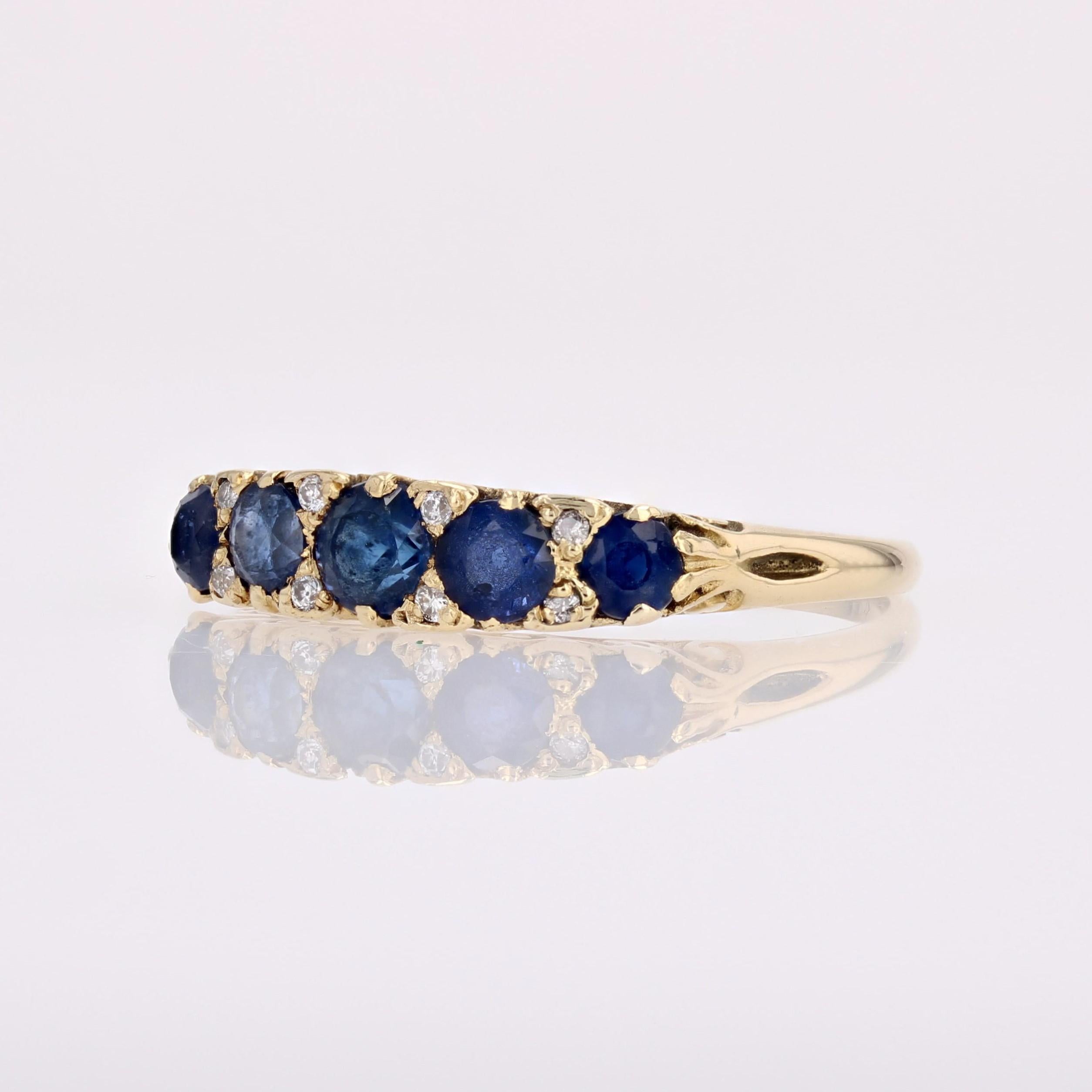 20ème siècle Bague jarretière en or jaune 18 carats saphirs diamants 2
