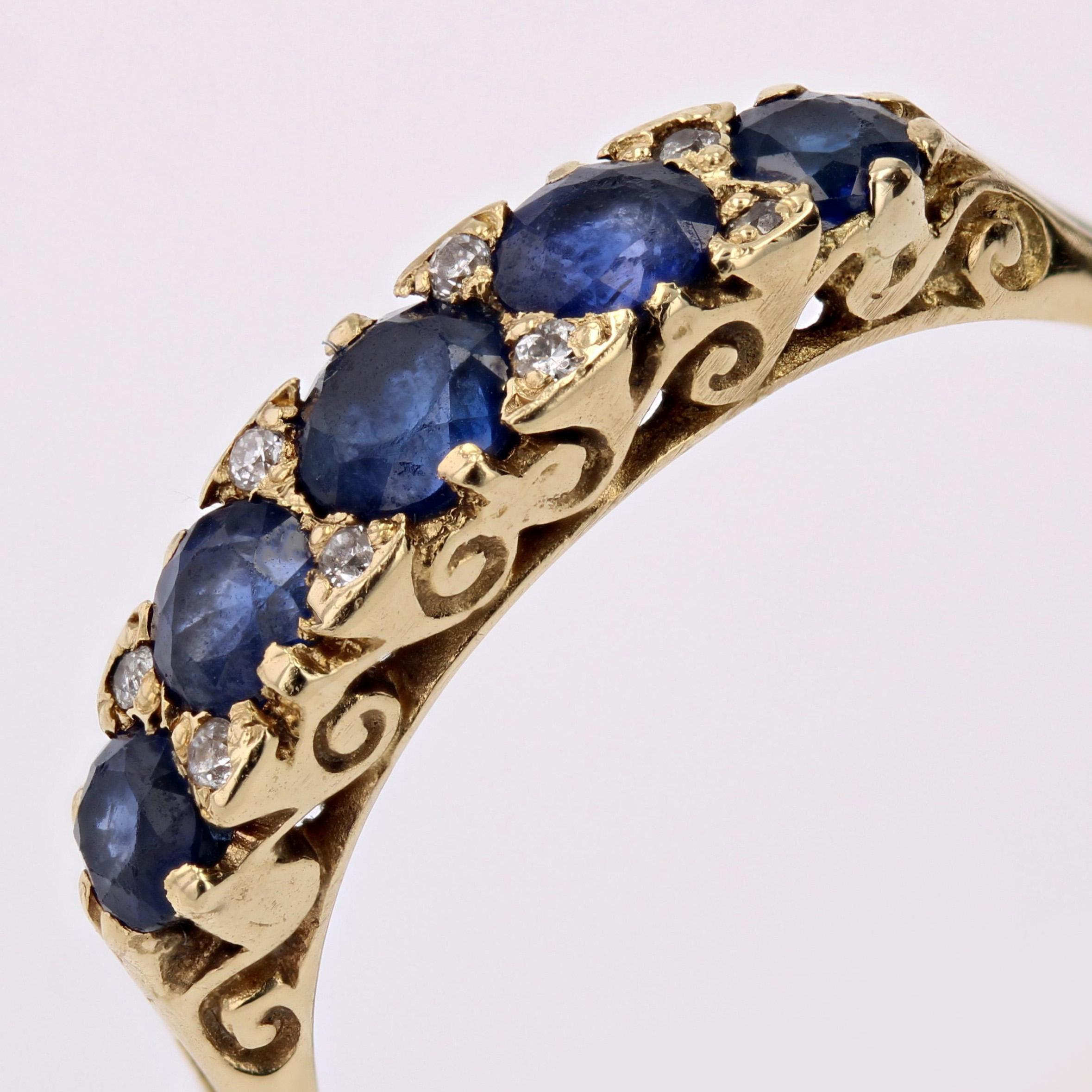 20ème siècle Bague jarretière en or jaune 18 carats saphirs diamants 3