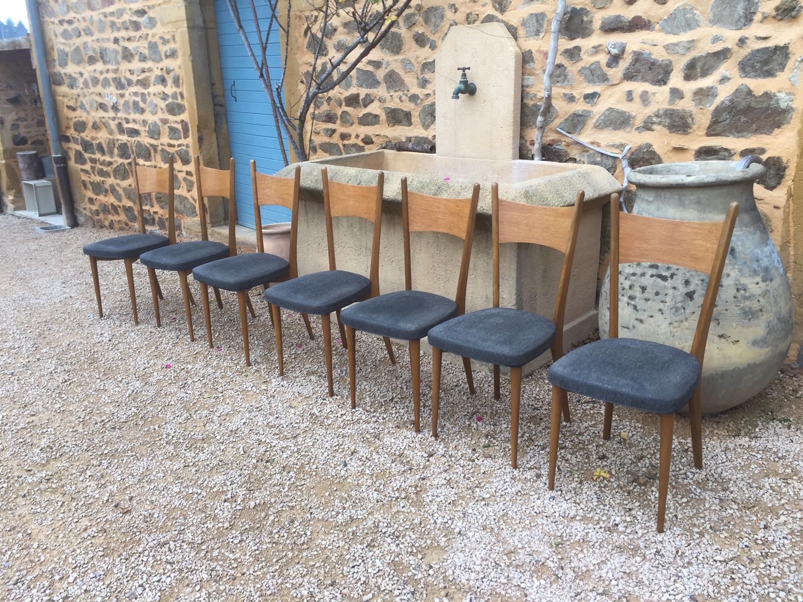 Beautiful 20th century set of seven Scandinavian chairs from the 1960s.
Dark grey fabric (a little bit dirty but not damage). The chairs are in very good condition.