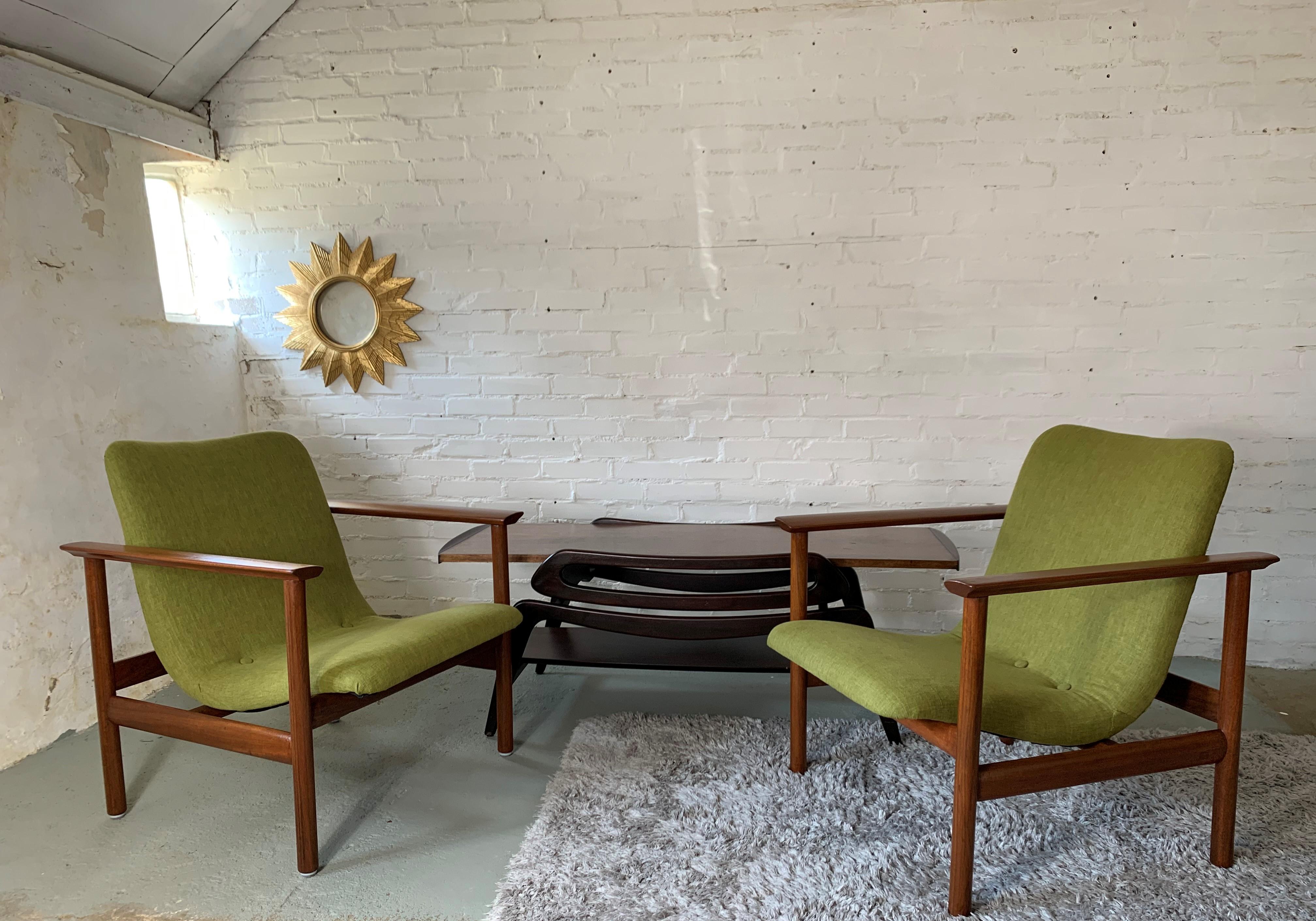 20th Century Scandinavian Modern Green Armchairs Reupholstered, Set of 2 12