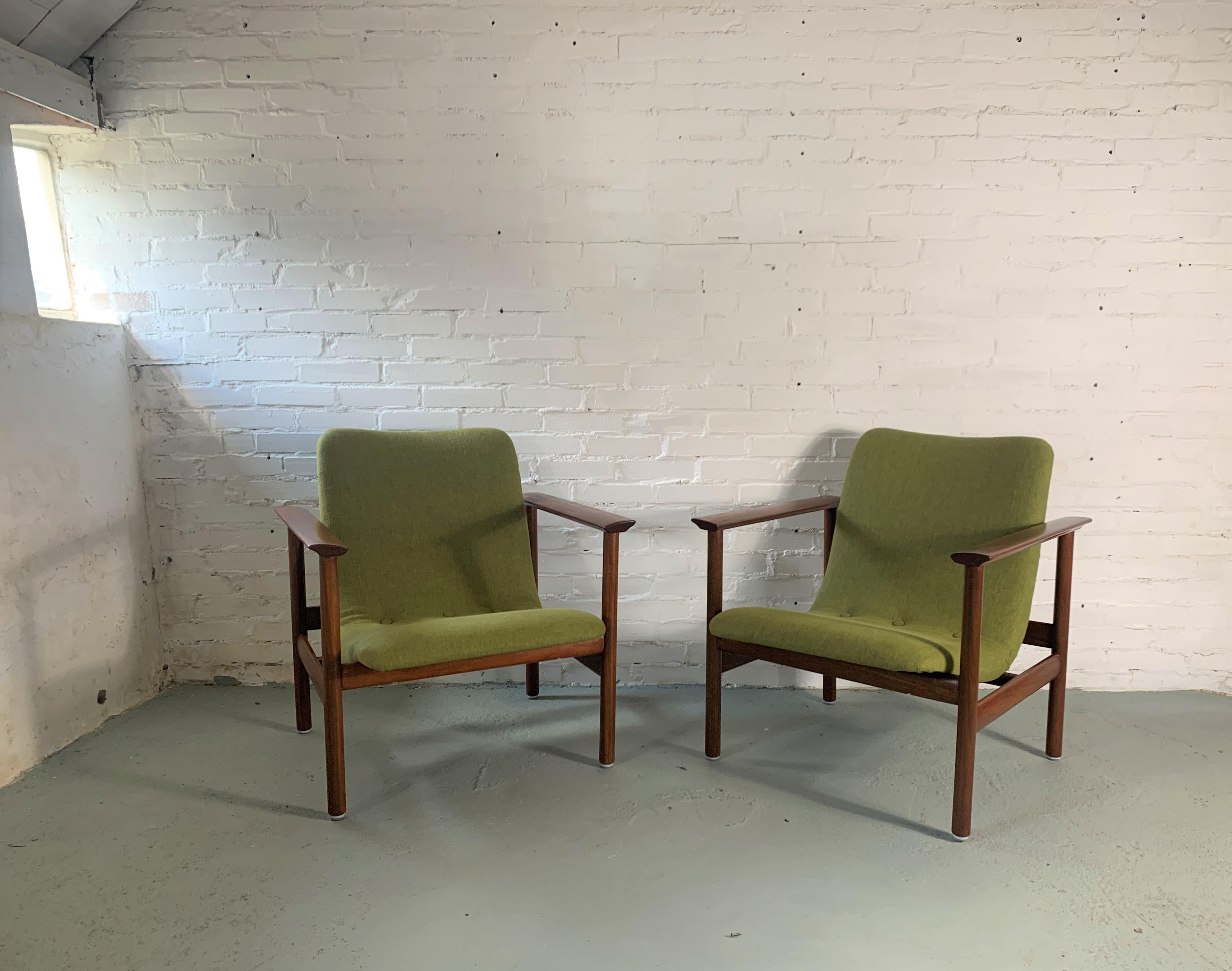 Danish 20th Century Scandinavian Modern Green Armchairs Reupholstered, Set of 2