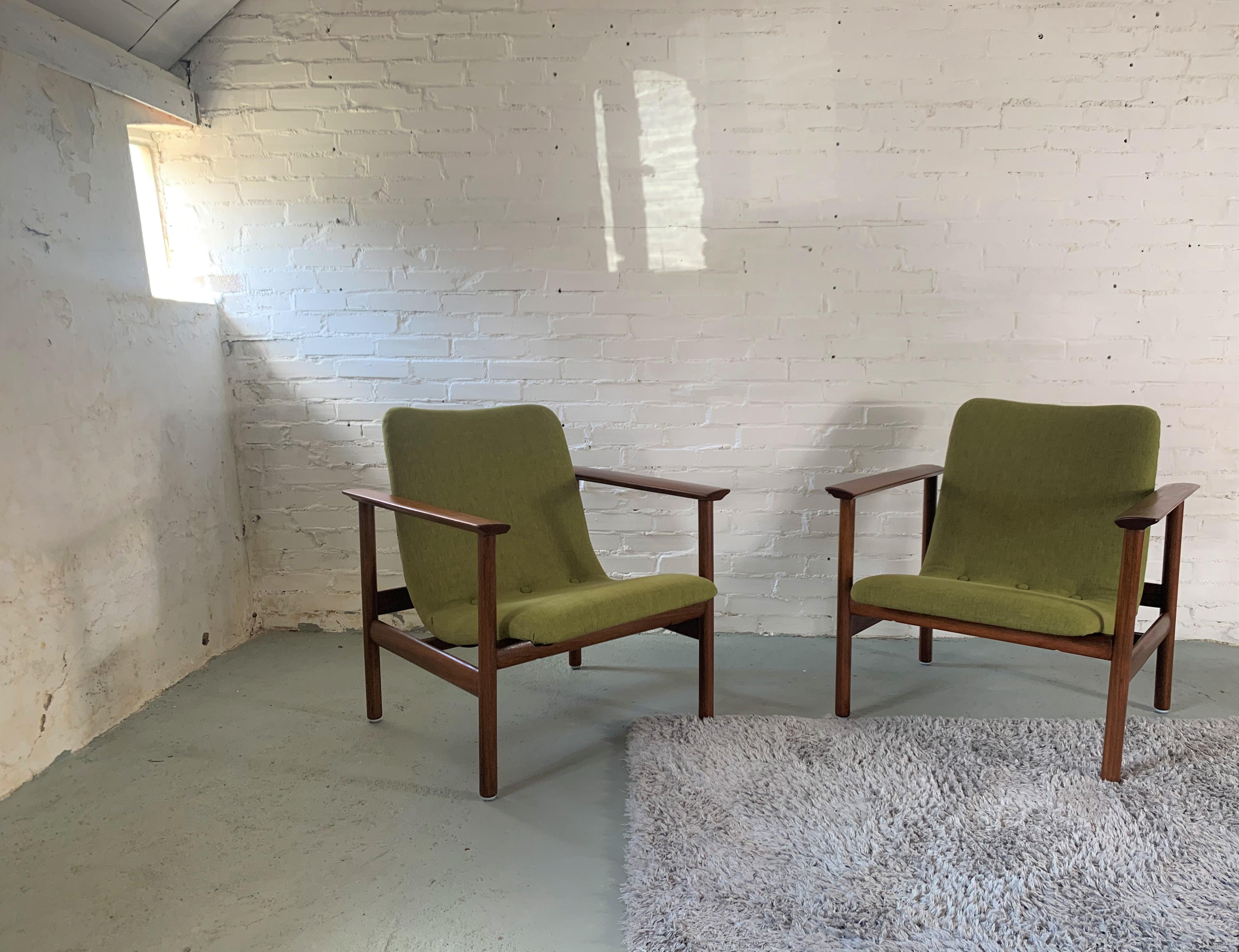 Fabric 20th Century Scandinavian Modern Green Armchairs Reupholstered, Set of 2