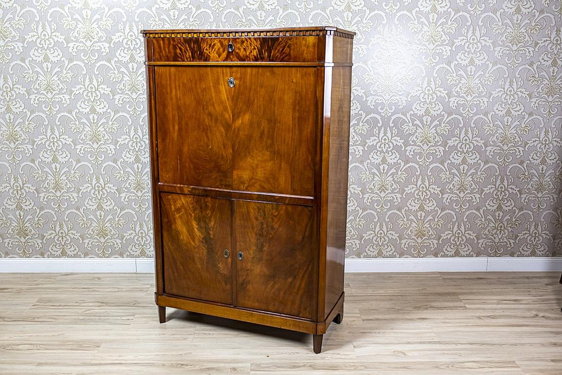 We present you a mahogany secretary desk from the early 20th century.
At the bottom, there is a double-leaf cabinet, a removable panel, and a narrow drawer under the cornice.
The panel is flush with the rest of the piece of furniture and hides the