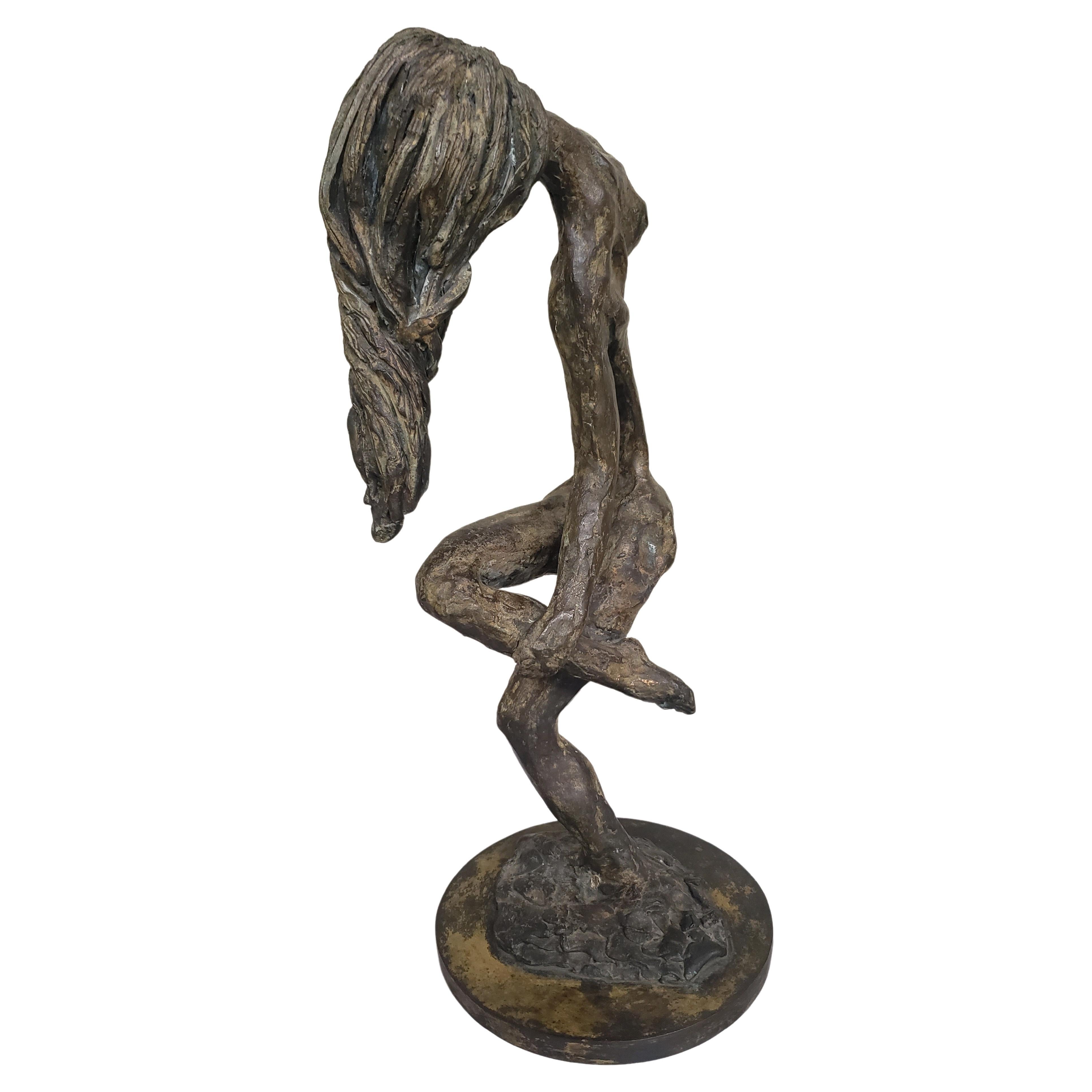 20th Century School Brutalist Bronze Figurative Sculpture Of A Woman standind on one leg. Measures 9