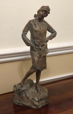 20th Century School Brutalist Bronze Sculpture of Standing Woman, Signed