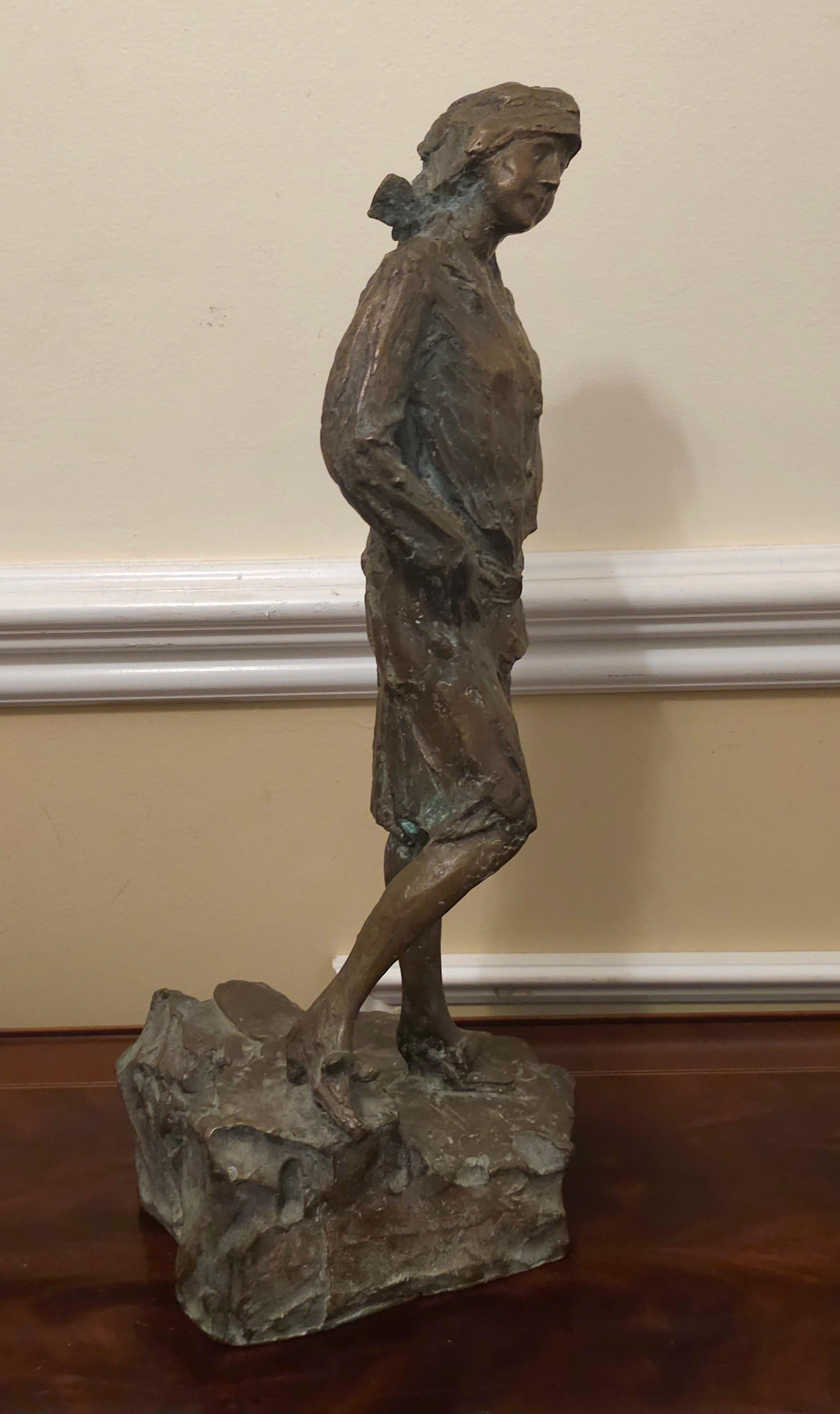 20th Century School Brutalist Bronze Sculpture of Standing Woman, Signed In Good Condition For Sale In Germantown, MD
