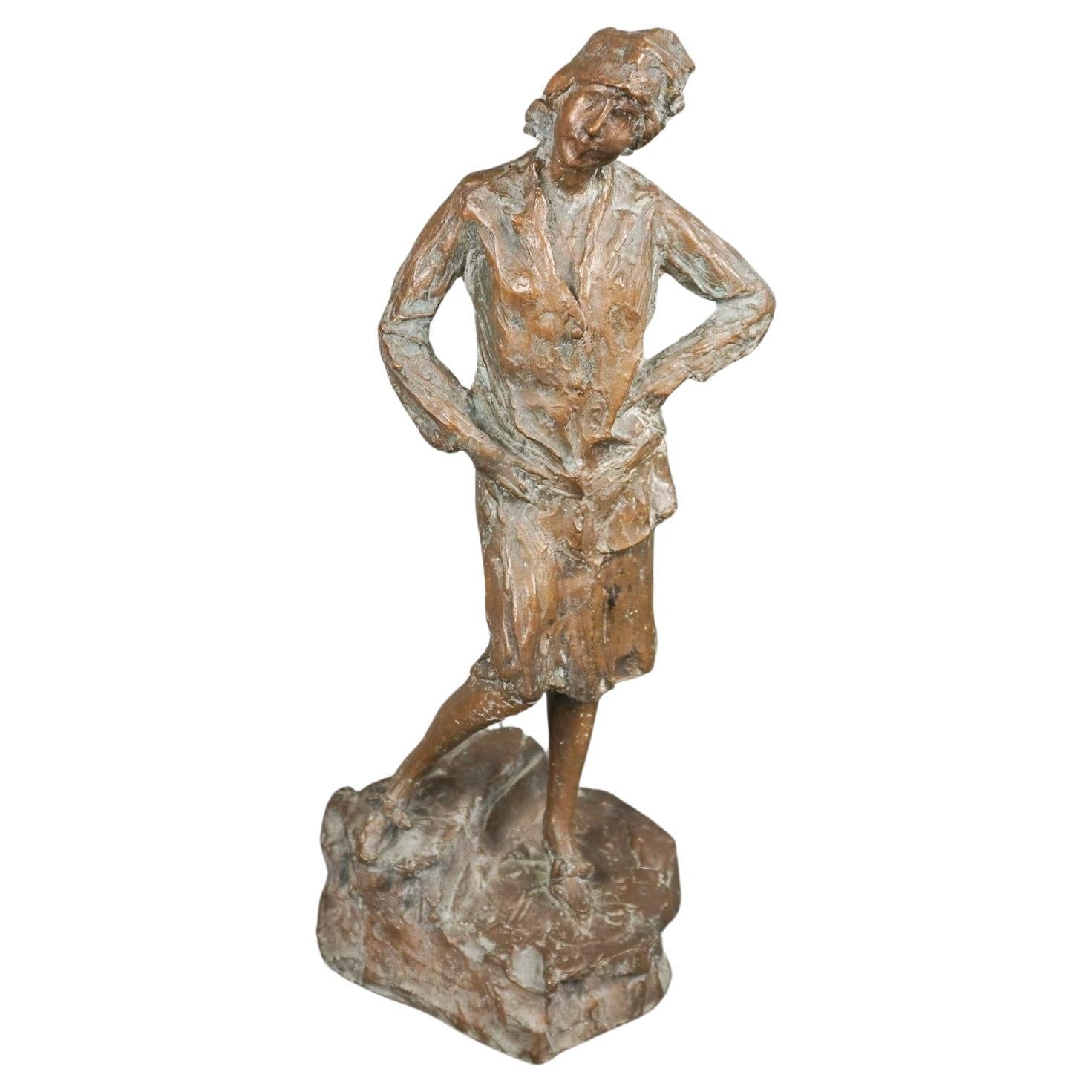 20th Century School Brutalist Bronze Sculpture of Standing Woman, Signed For Sale