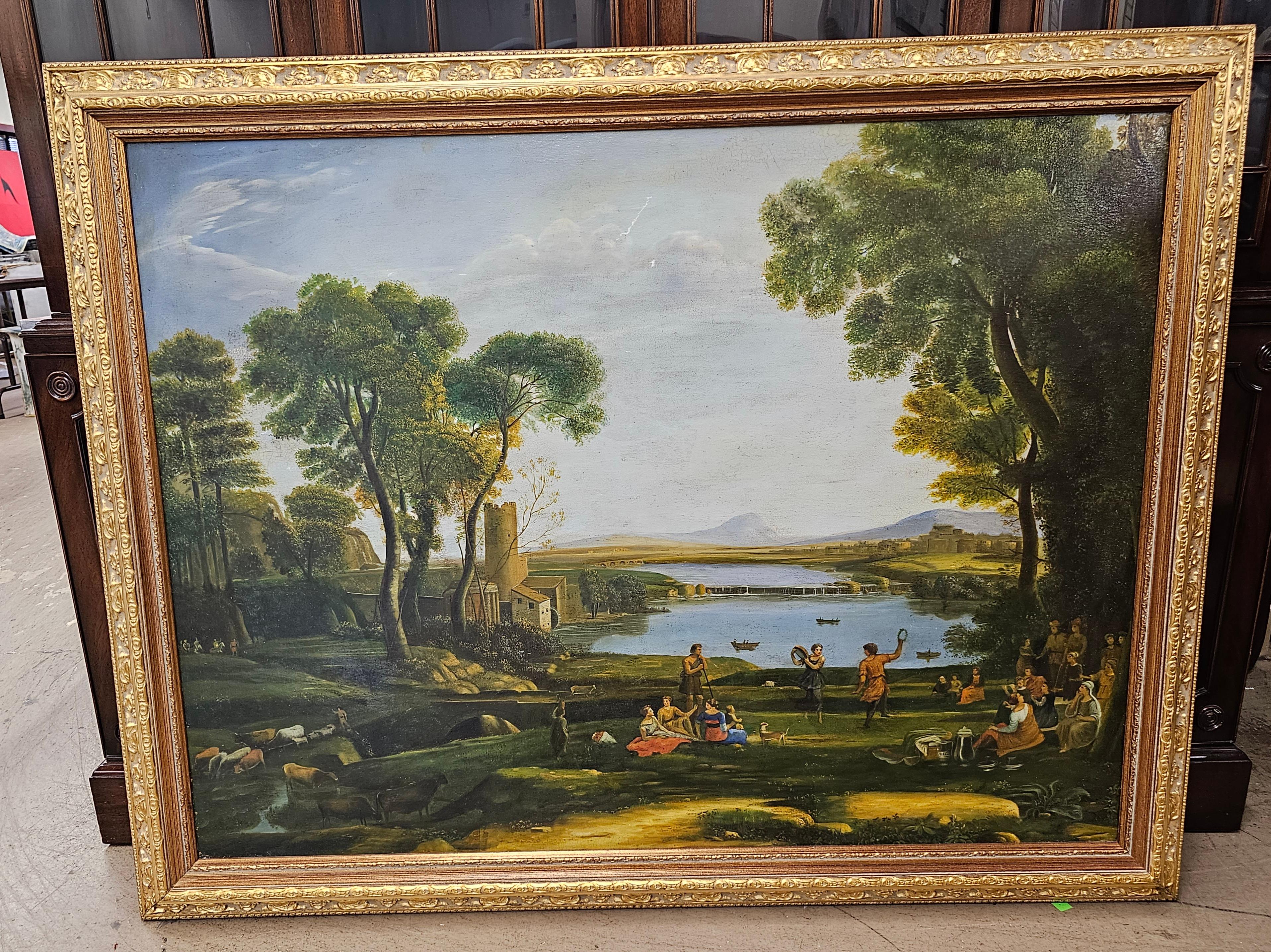 20th Century School, Entertainment Landscape Beside A River, Oil On Canvas Frame In Good Condition For Sale In Germantown, MD
