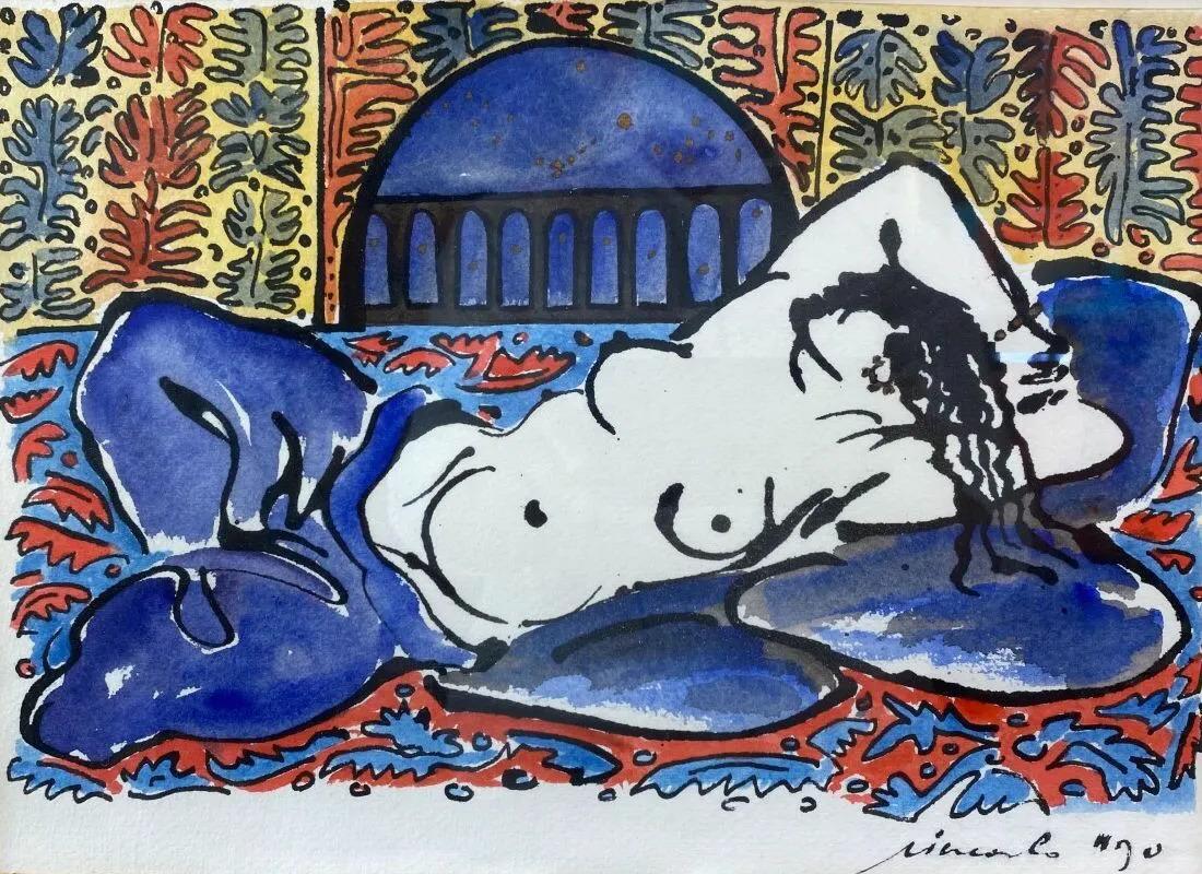 Aquarell auf Papier „jeune femme alanguie“ von der Schule des 20. Jahrhunderts, signiert (Europäisch) im Angebot