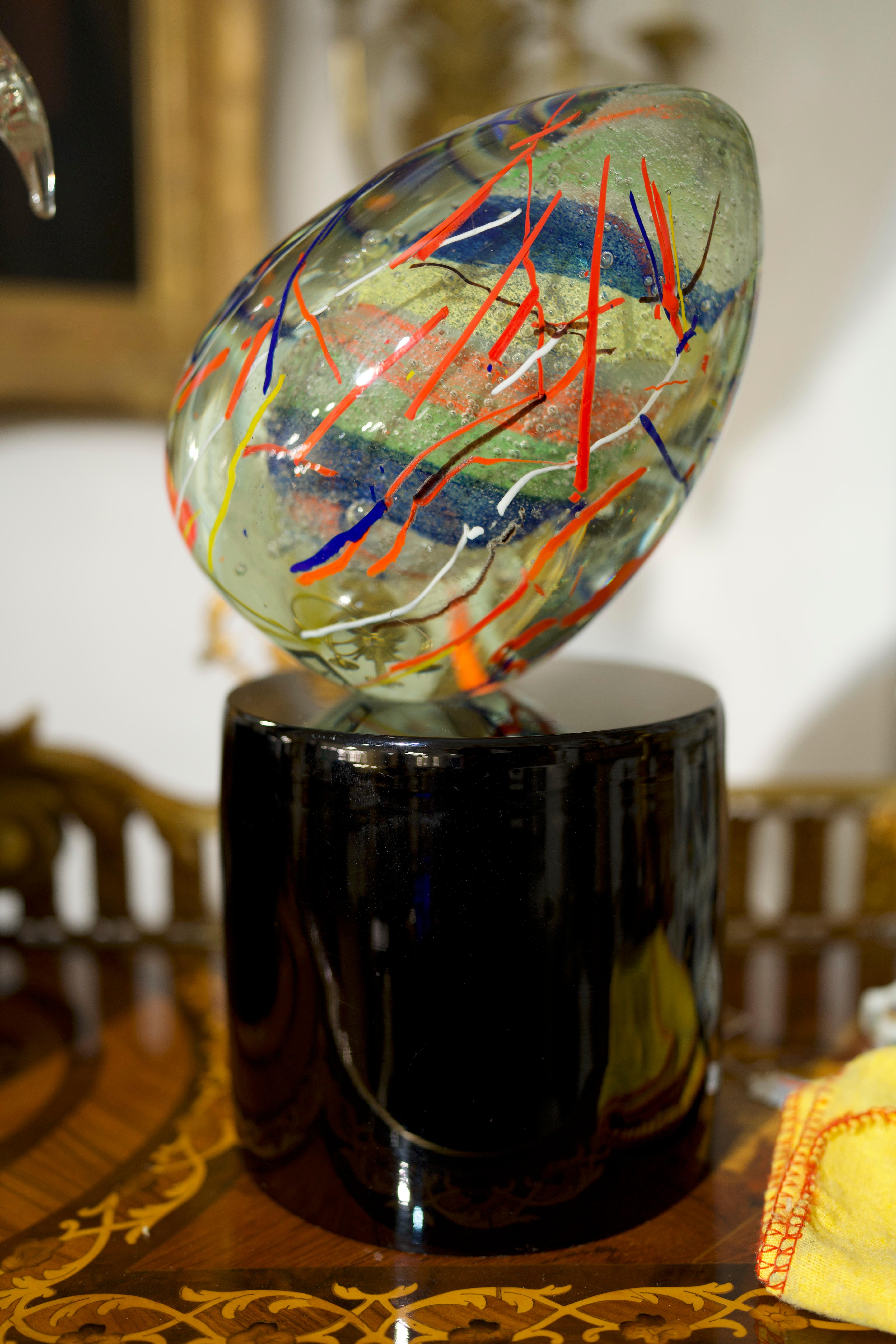 Italian 20th Century Sculptural Murano Glass Egg On Bronze Base For Sale