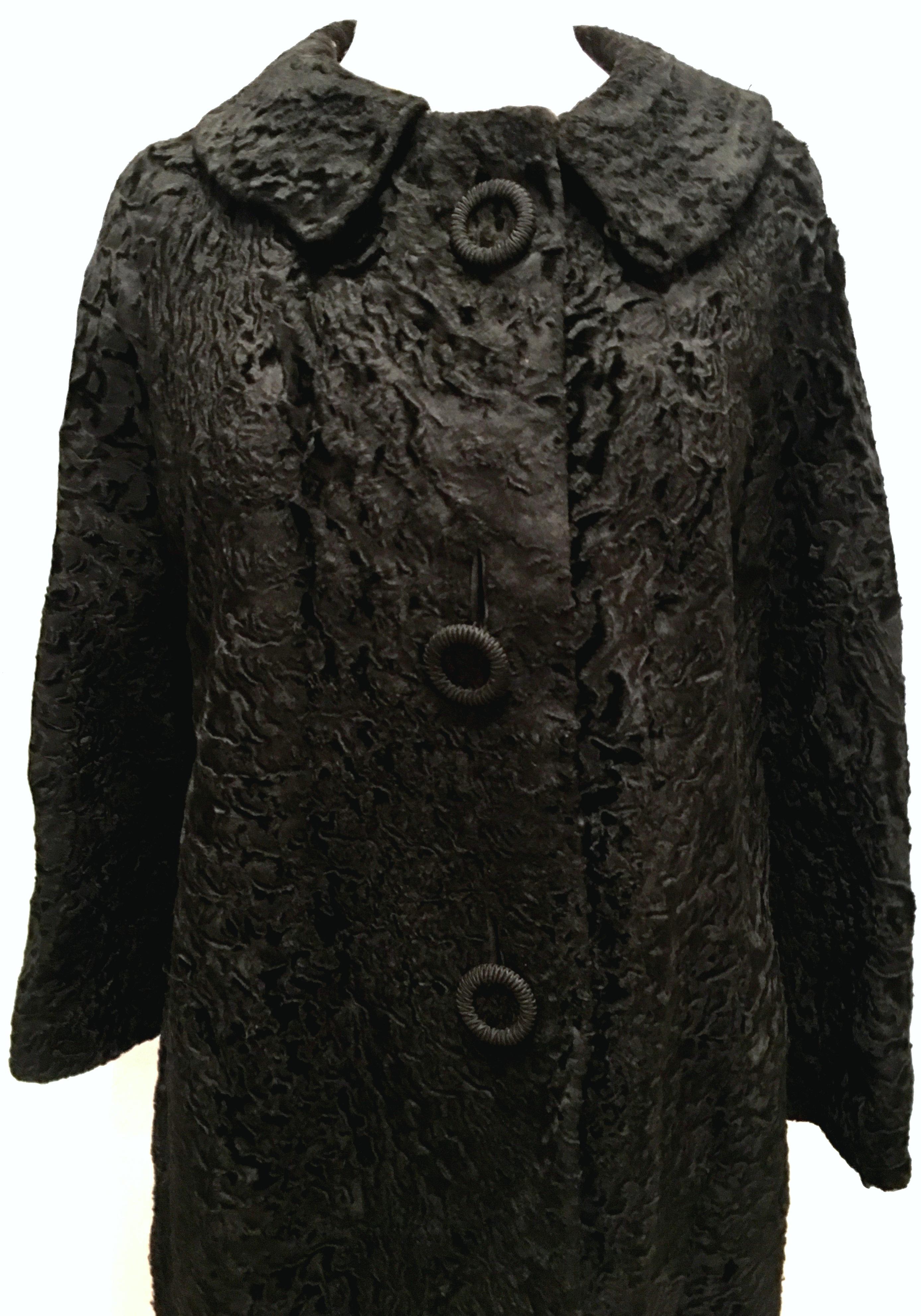 Women's or Men's 20th Century Sculptural Persian Jet Black Lamb Fur Swing Car Coat For Sale