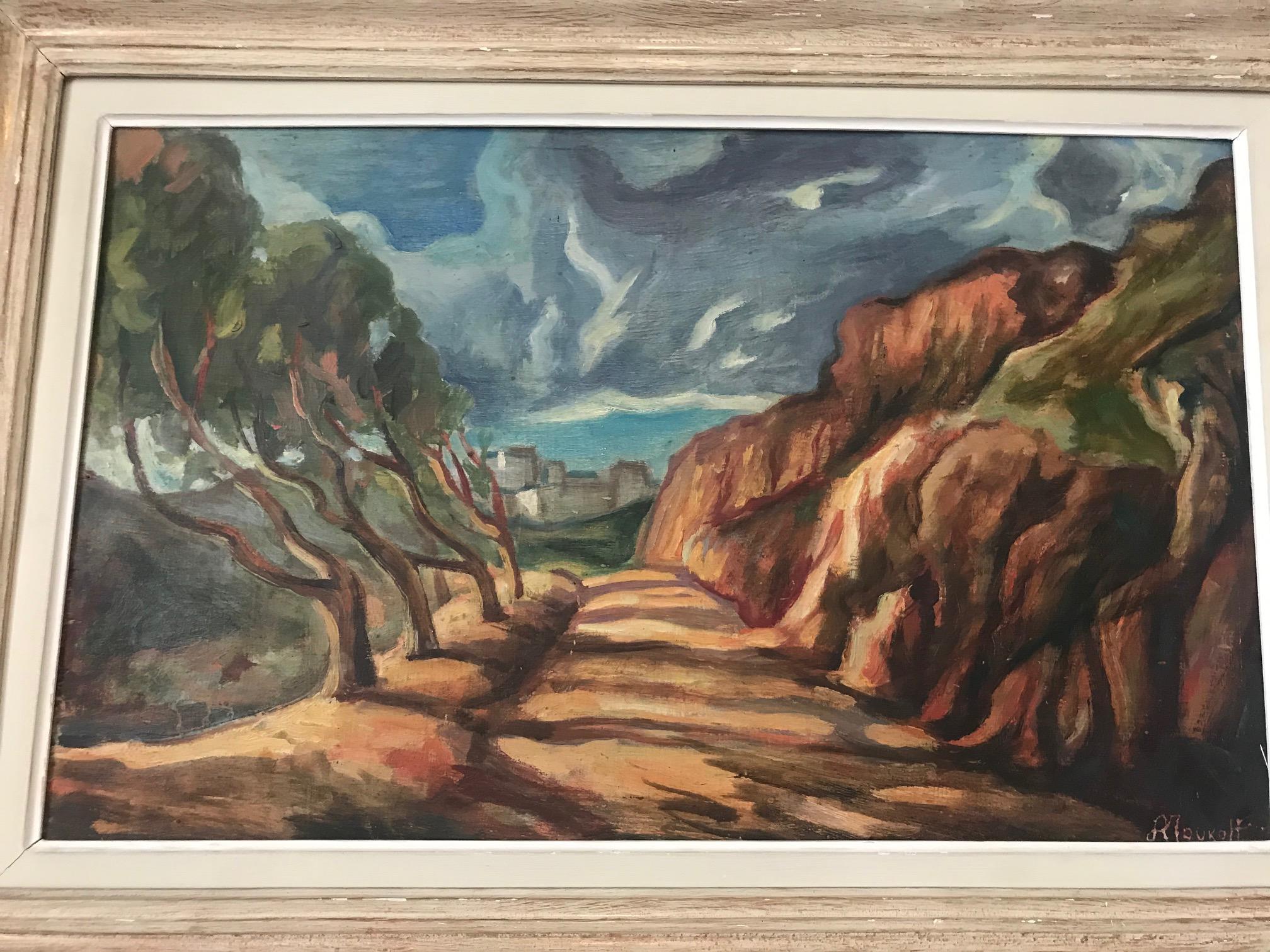 Very nice 20th century French Seaside landscape painting from the 1940s. 
Signed on the left bottom. R. Roukoff maybe, the signature is not easy to read. 
Oil on panel. Nice quality of painting. Nice simple frame.