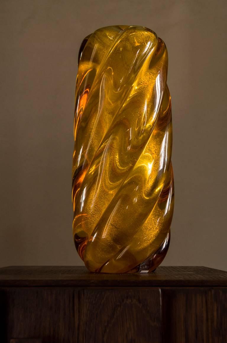 Italian Italy Seguso Murano Mid-Century Modern Design Amber Color Blown Glass Vase