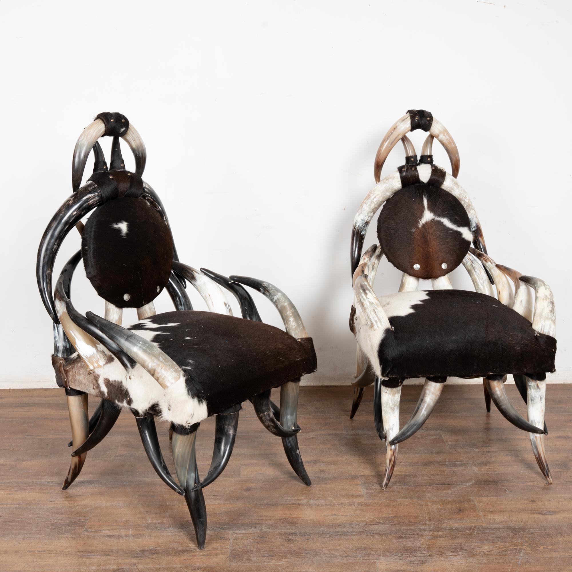 Rustique 20th Century Set (5) of Horn and Hide Armchairs, Ottomans and Side Table en vente
