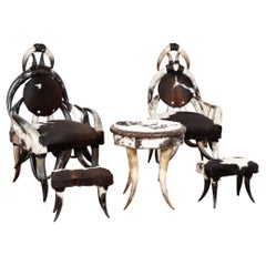 20th Century Set (5) of Horn and Hide Armchairs, Ottomans and Side Table