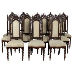 Antique 20th Century Set of 12 Gothic Oak Dining Chairs, Sweden