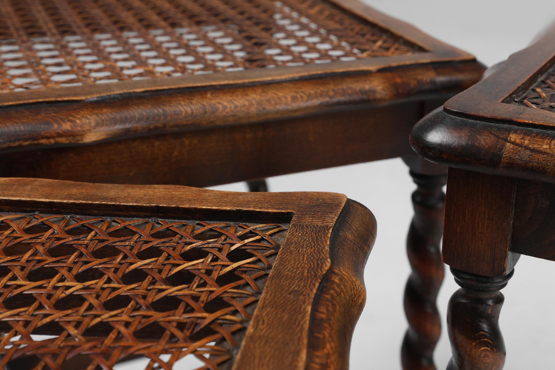 Turned 20th Century set of 3 oak and rattan nesting tables For Sale