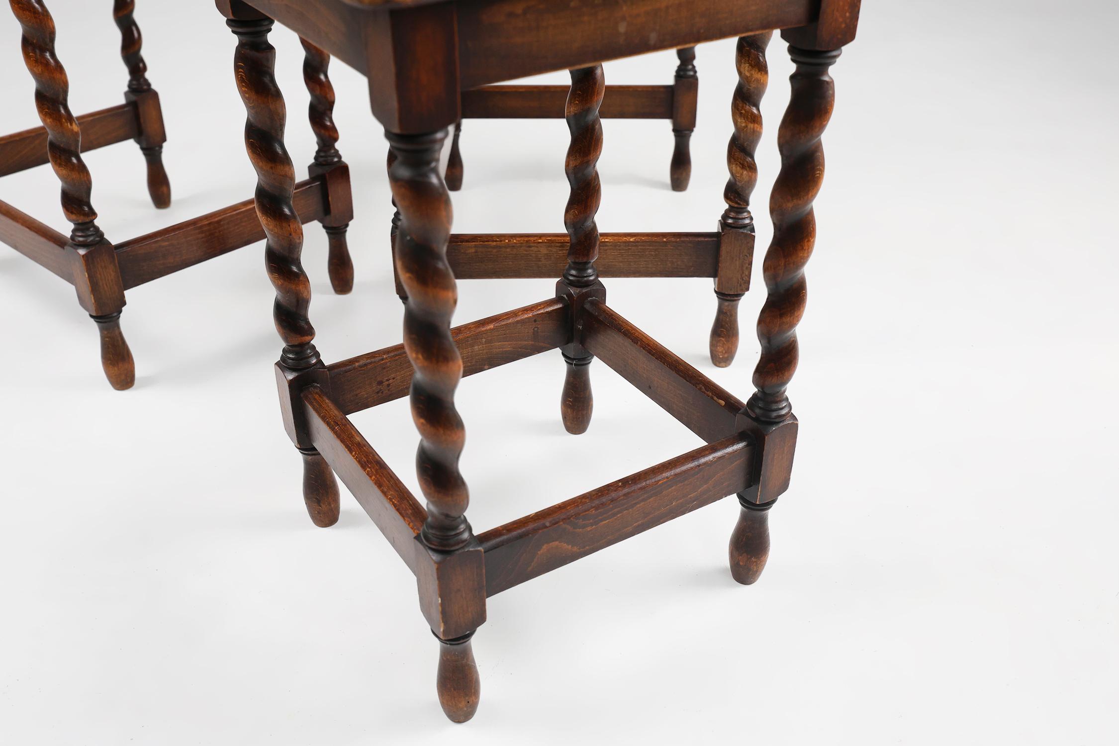 Rattan 20th Century set of 3 oak and rattan nesting tables For Sale