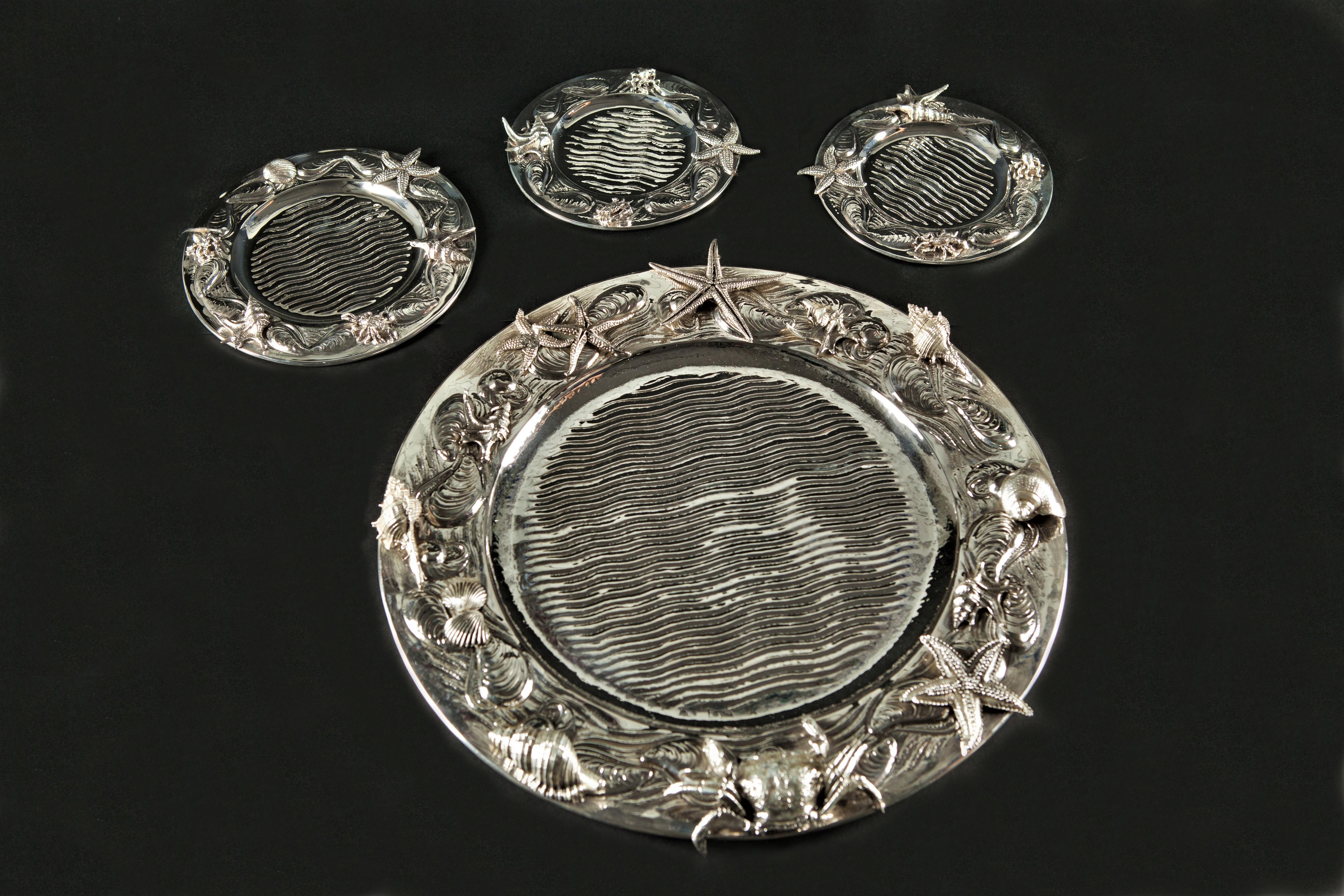Mid-20th Century 20th Century Set of 36 Engraved Sterling Silver Marine Plates Italy, 1960s For Sale