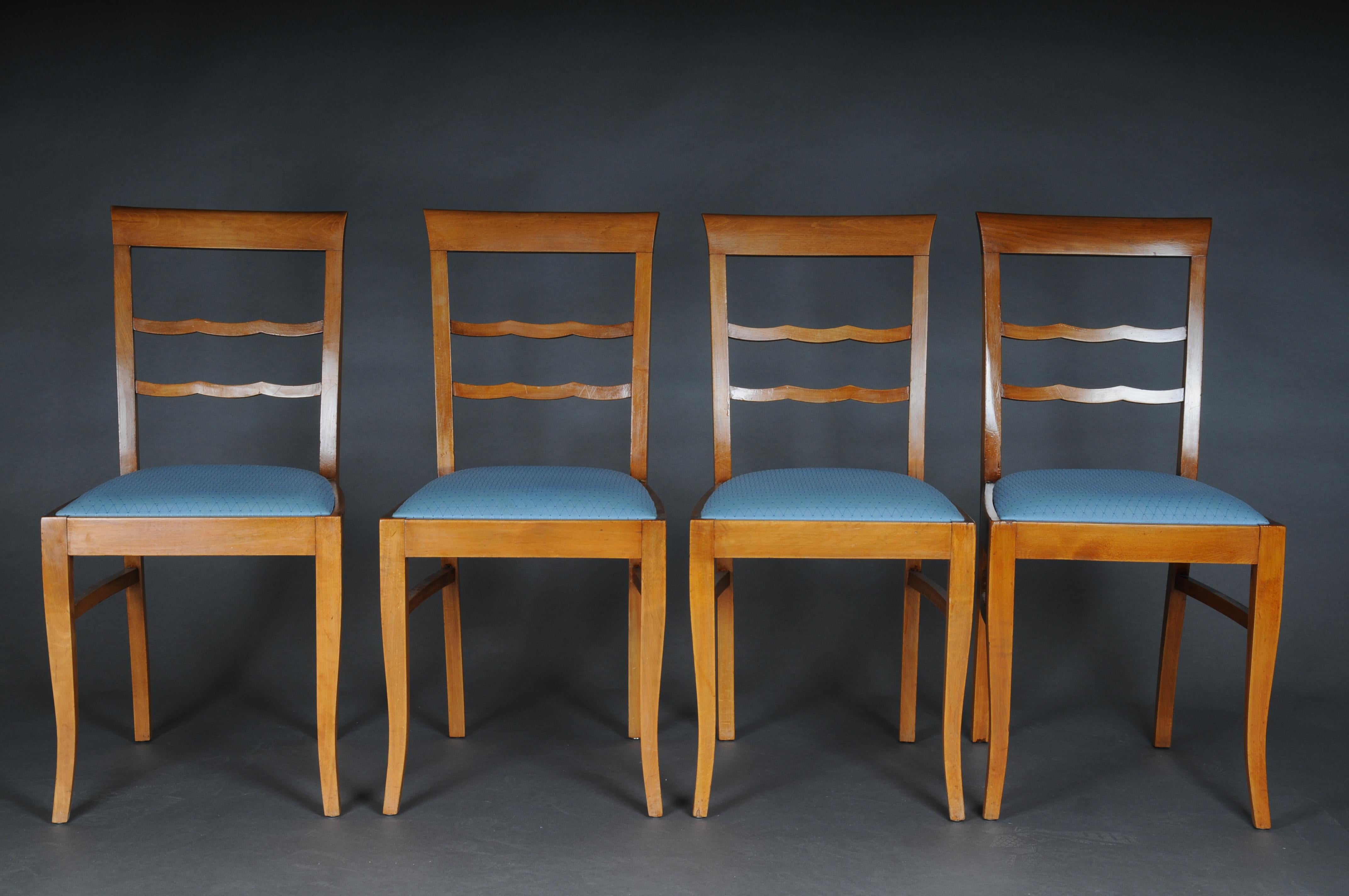 20th century set of 4 Biedermeier/Art Deco chairs, birch

Slightly arched backrest with straight top and 2 middle bridge. Newly upholstered seat and covered with a high quality fabric. These chairs have been completely restored by an experienced