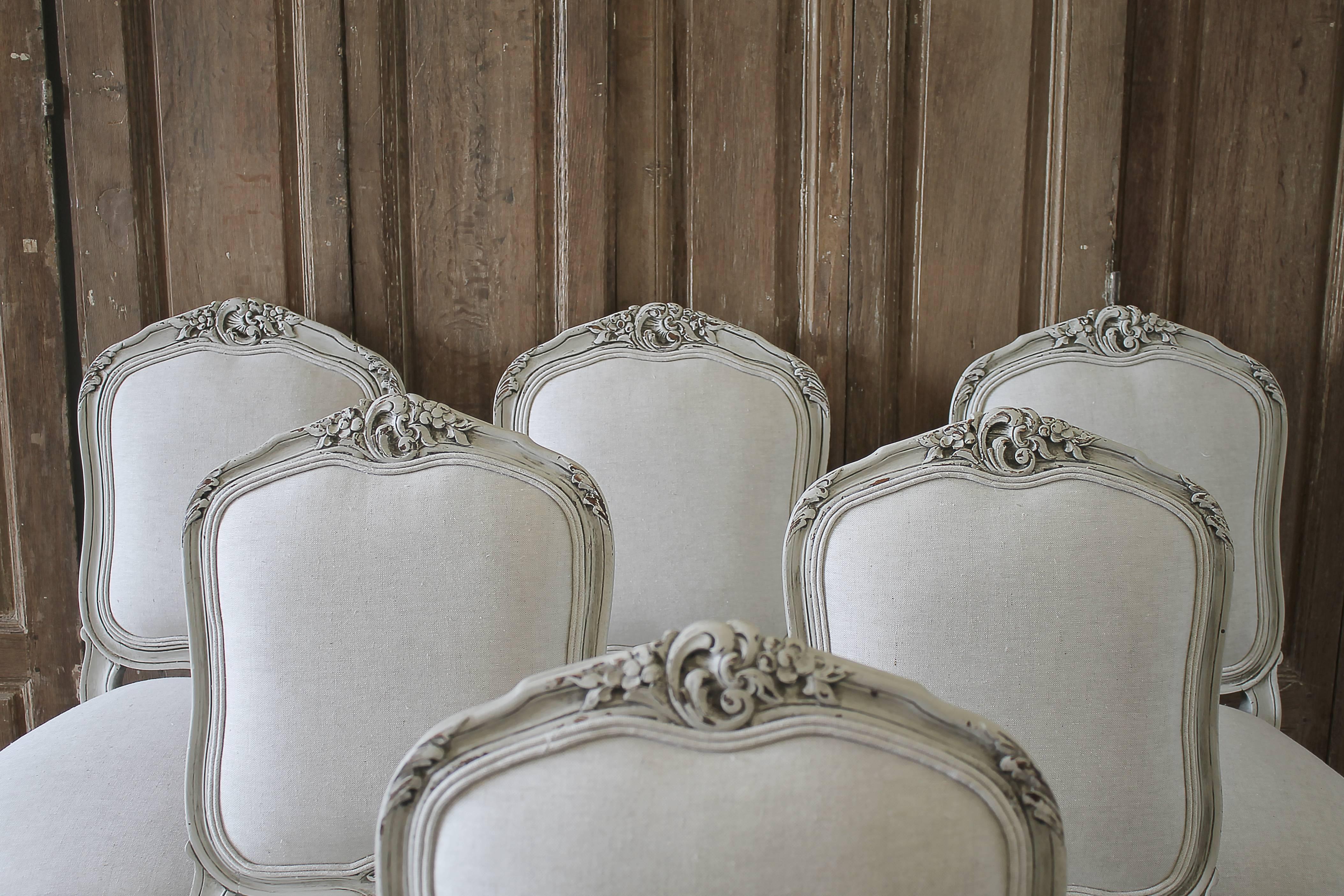Louis XV 20th Century Set of Six Carved French Dining Chairs Upholstered in Belgian Linen