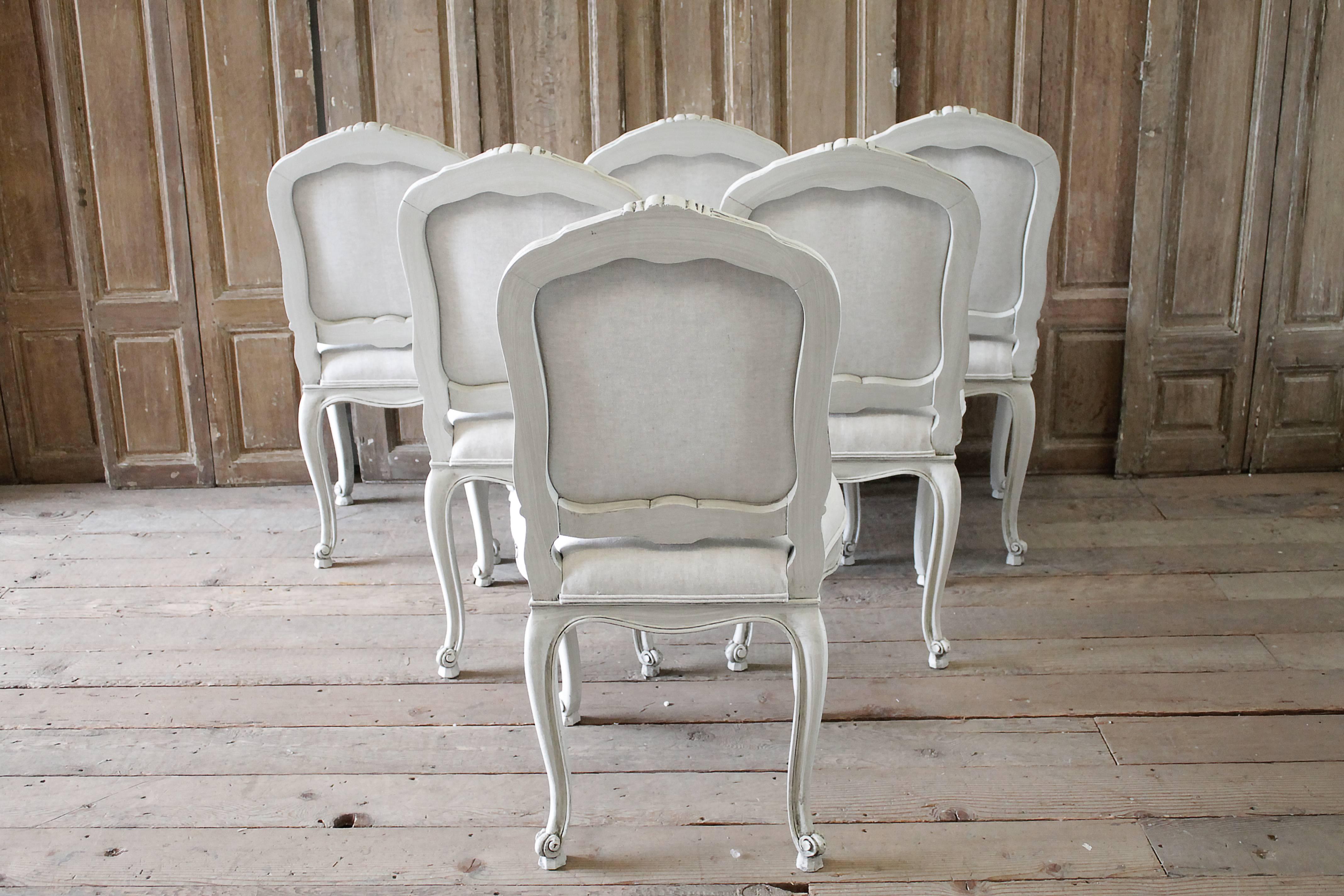 20th Century Set of Six Carved French Dining Chairs Upholstered in Belgian Linen 4
