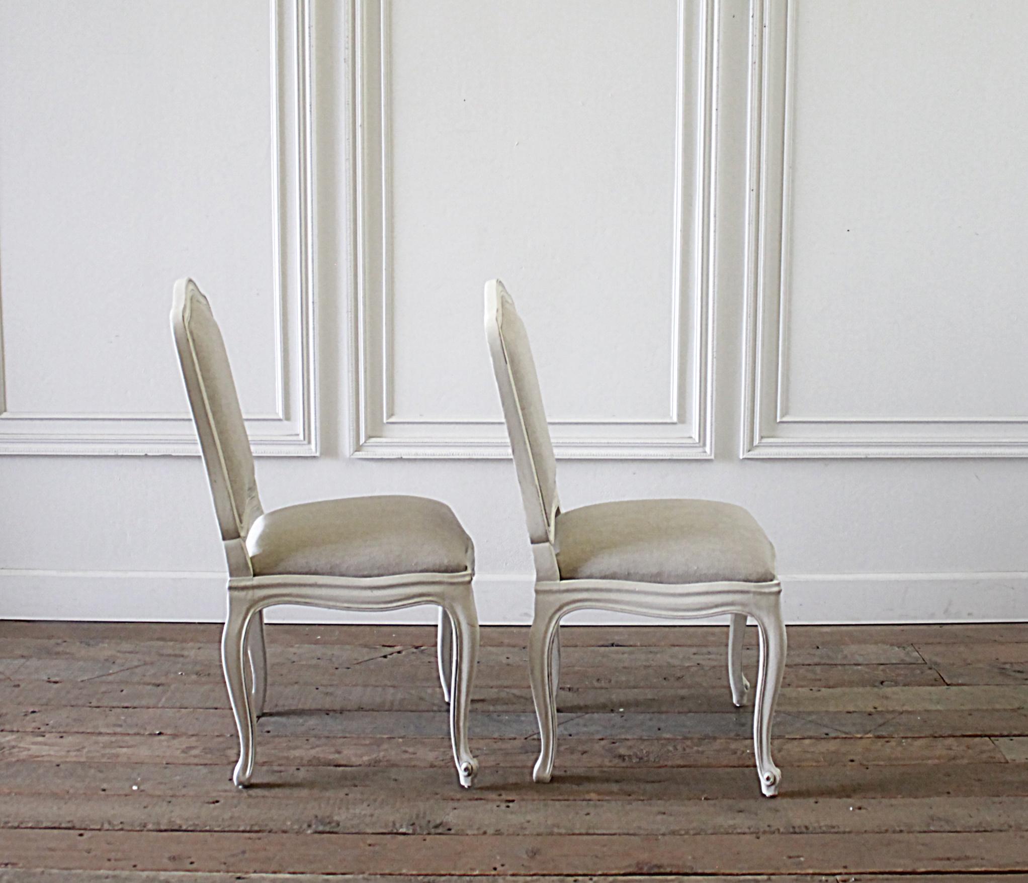 20th Century Set of 6 French Country Painted and Linen Upholstered Dining Chairs 4