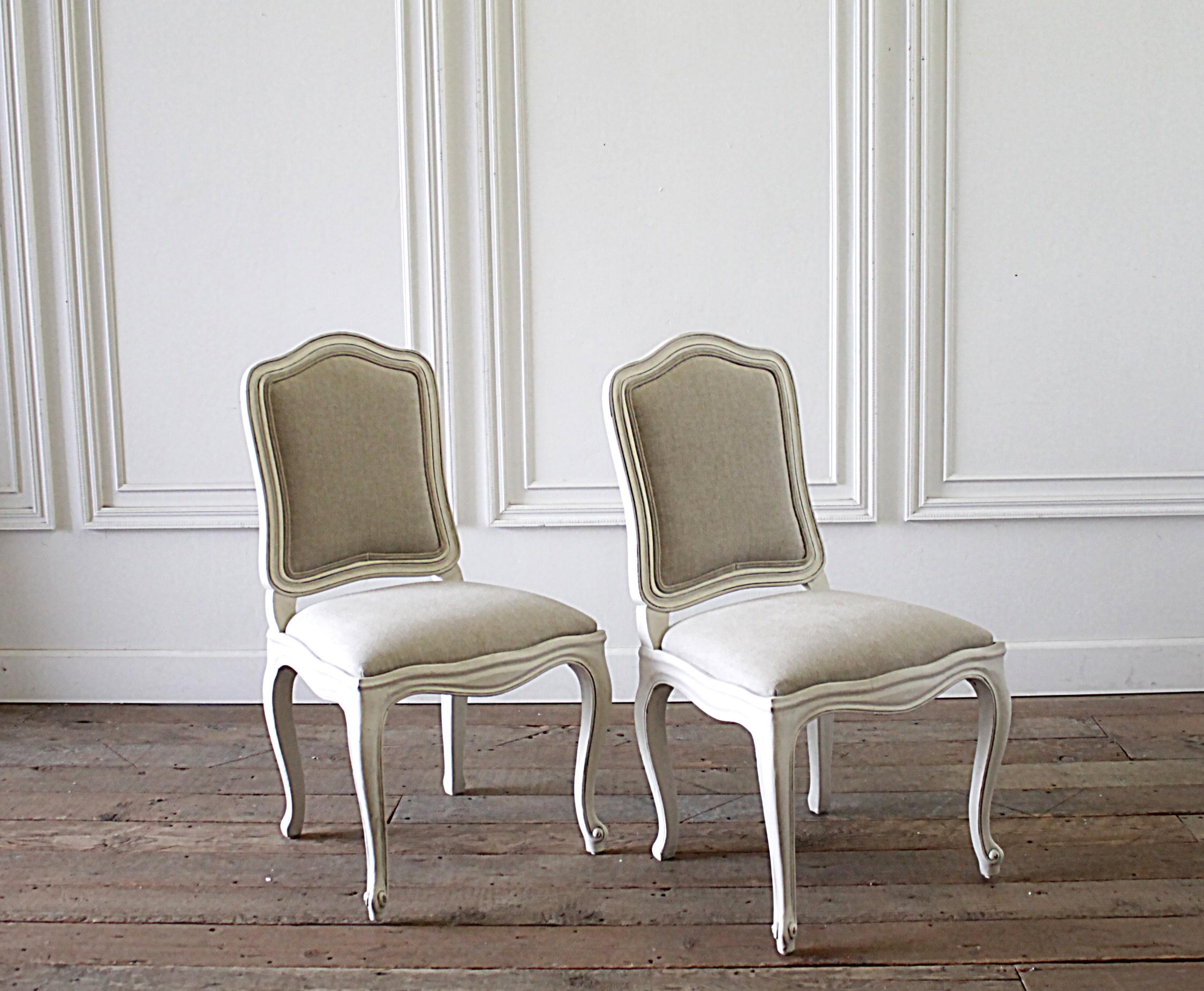 20th Century Set of 6 French Country Painted and Linen Upholstered Dining Chairs 5