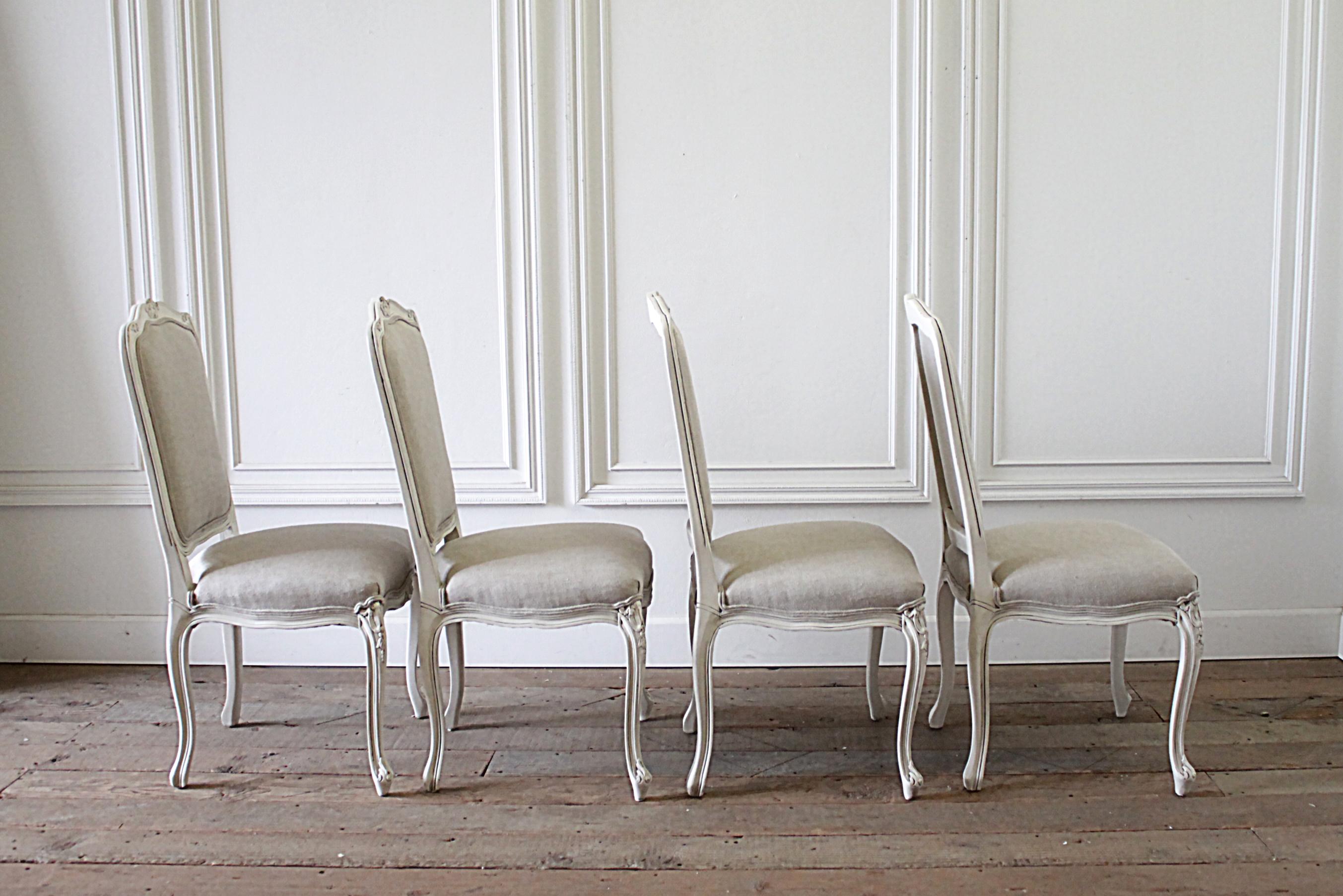 European 20th Century Set of 6 French Country Painted and Linen Upholstered Dining Chairs