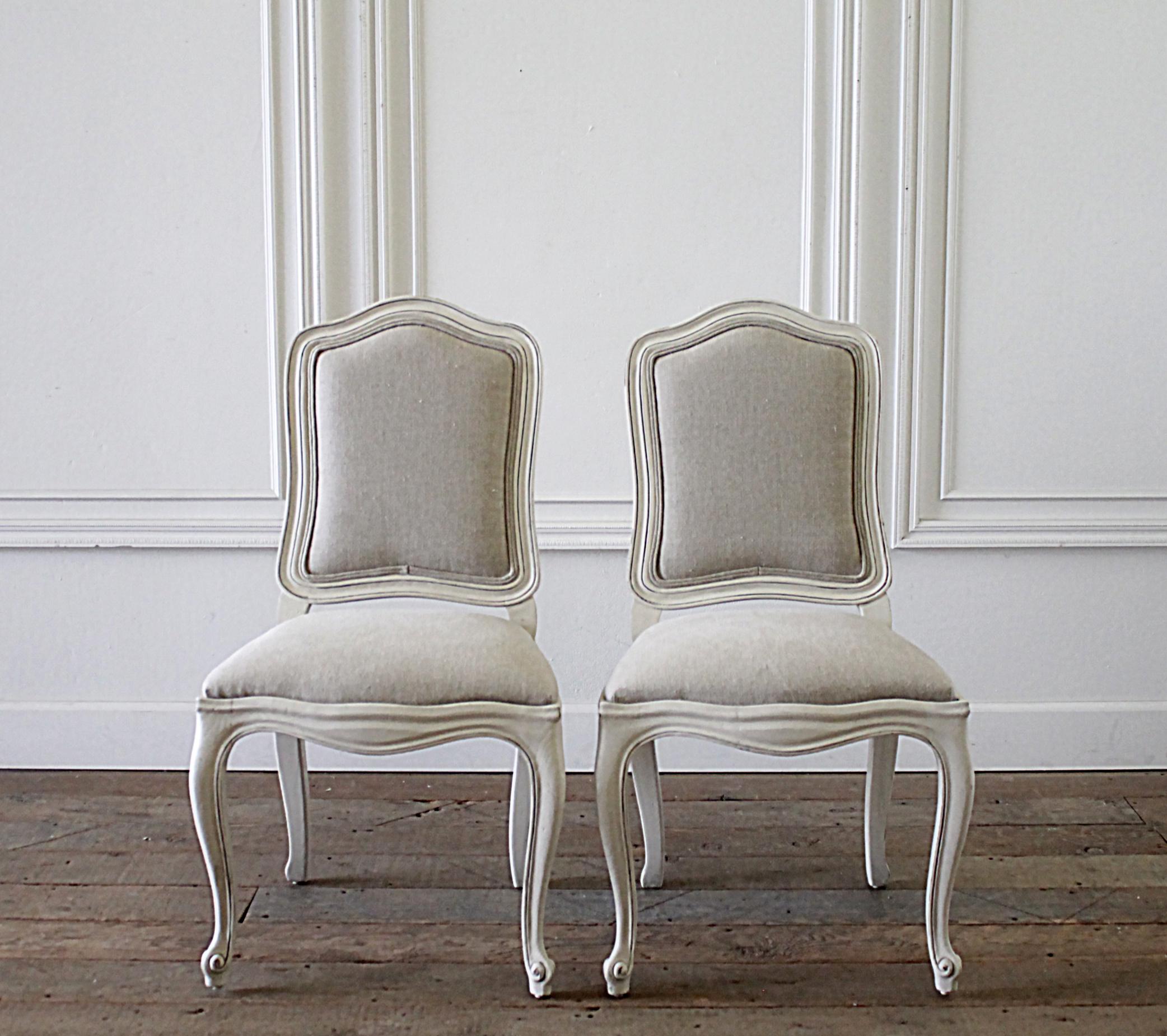 Wood 20th Century Set of 6 French Country Painted and Linen Upholstered Dining Chairs