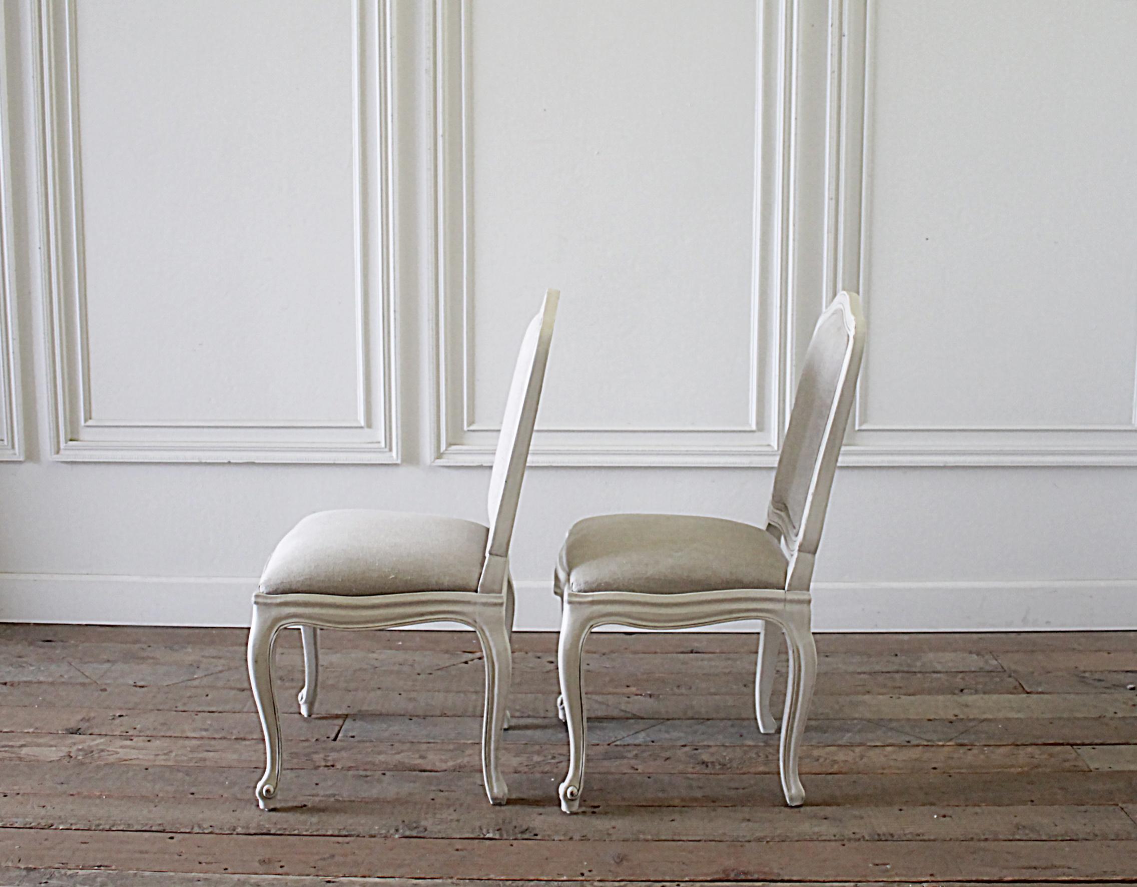 20th Century Set of 6 French Country Painted and Linen Upholstered Dining Chairs 2