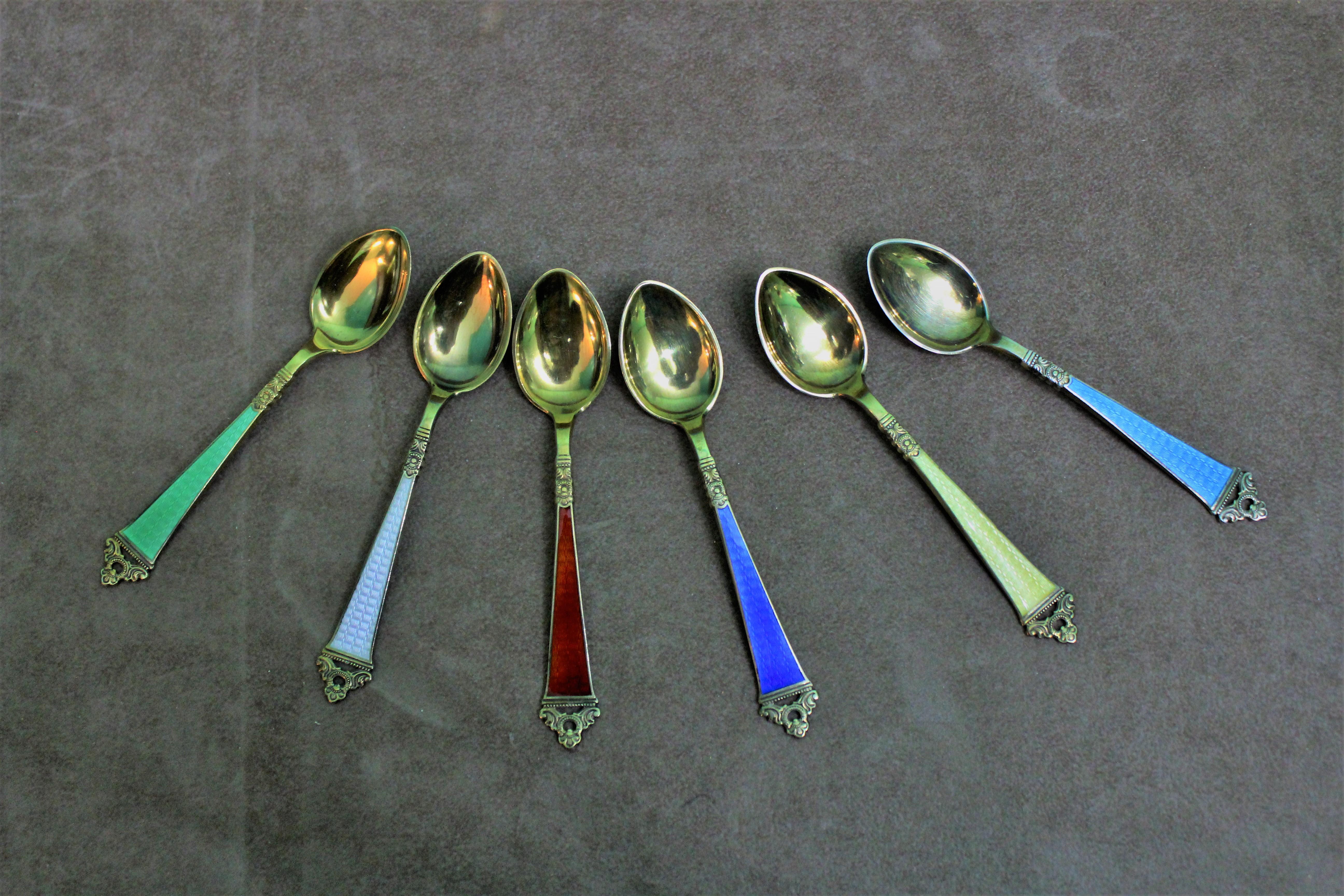 20th Century Set of 6 Sterling Silver Enameled Coffee Spoons Norway, 1960s For Sale 3