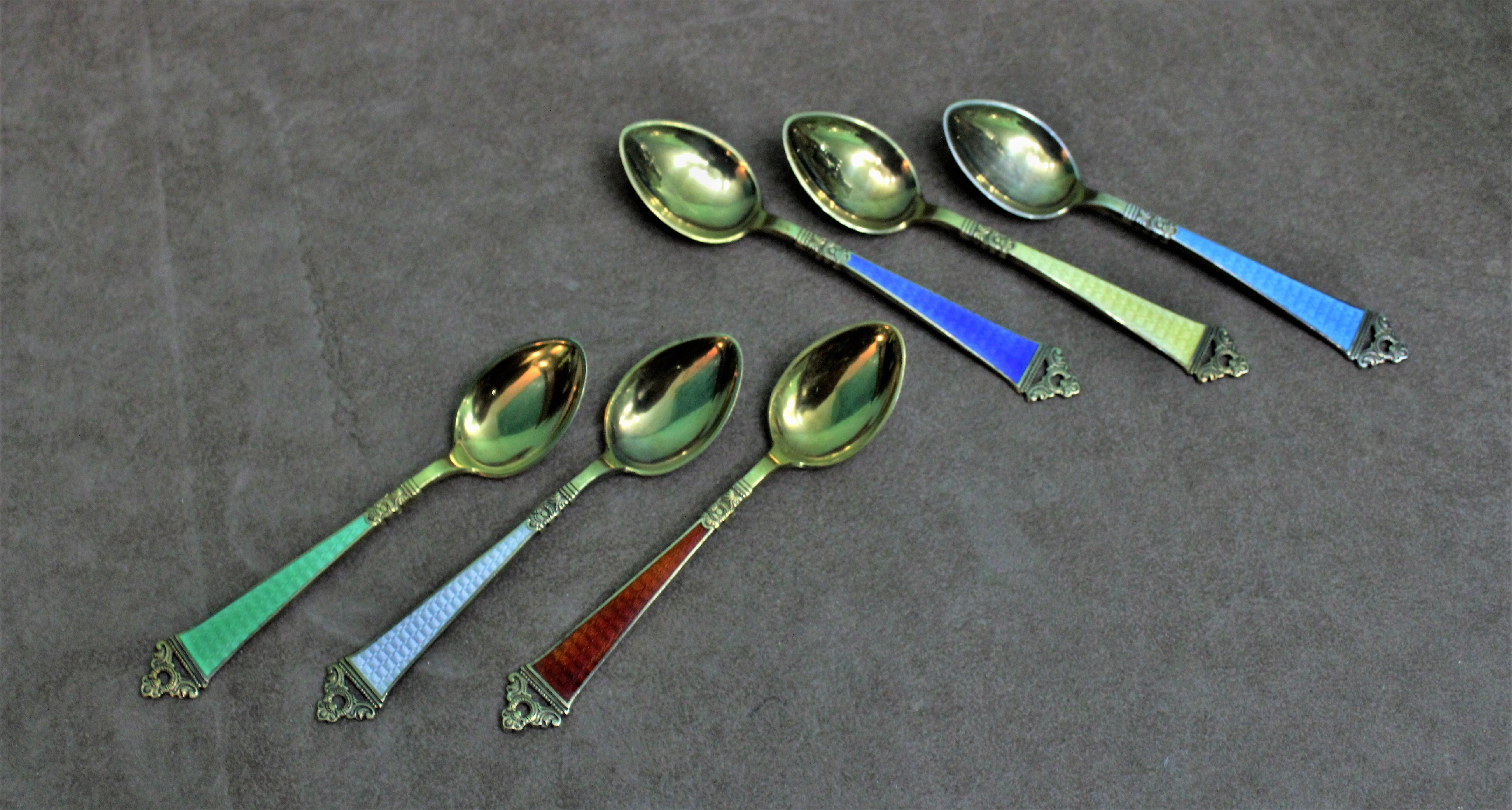 20th Century Set of 6 Sterling Silver Enameled Coffee Spoons Norway, 1960s For Sale 4