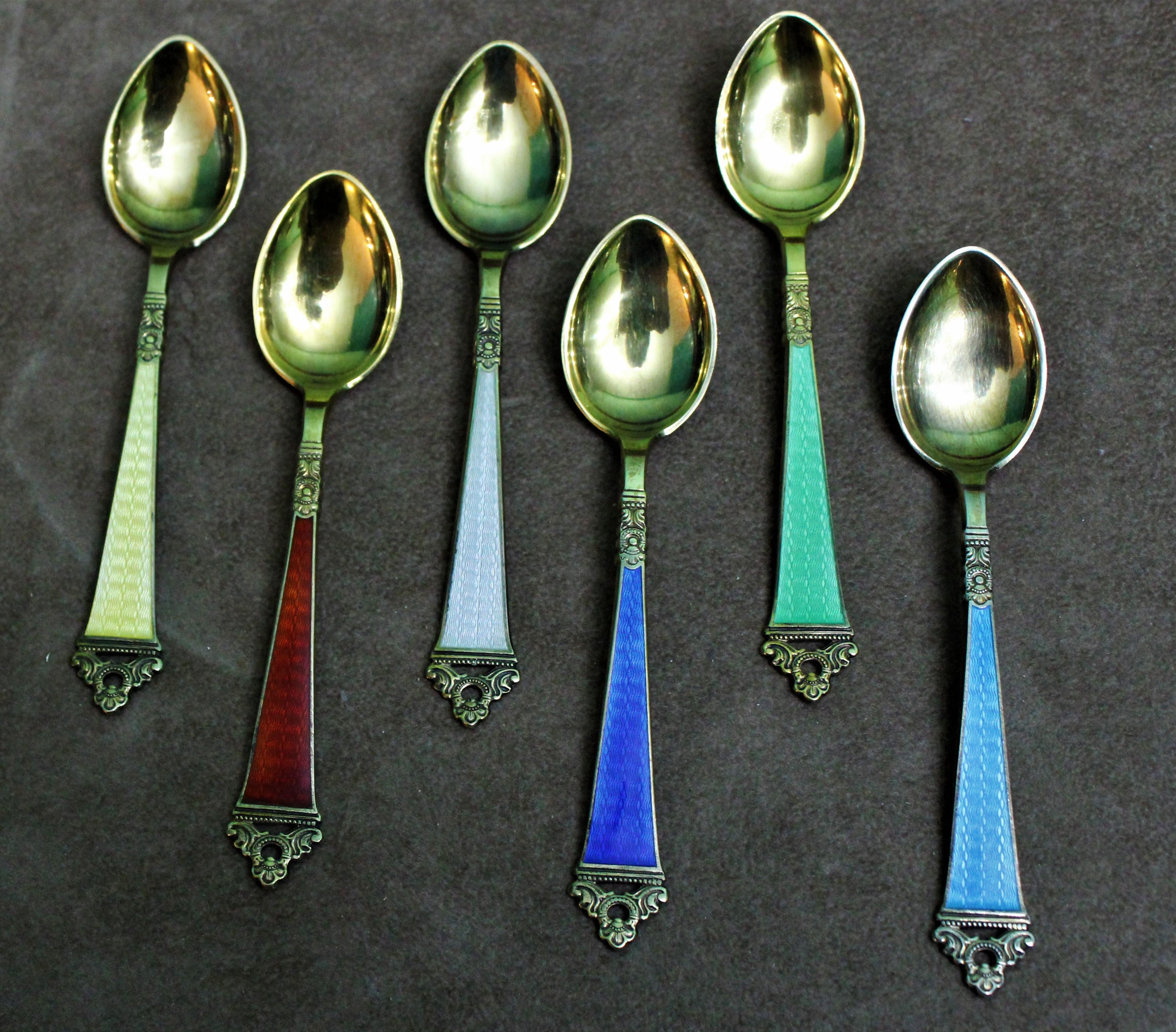 Italian 20th Century Set of 6 Sterling Silver Enameled Coffee Spoons Norway, 1960s For Sale