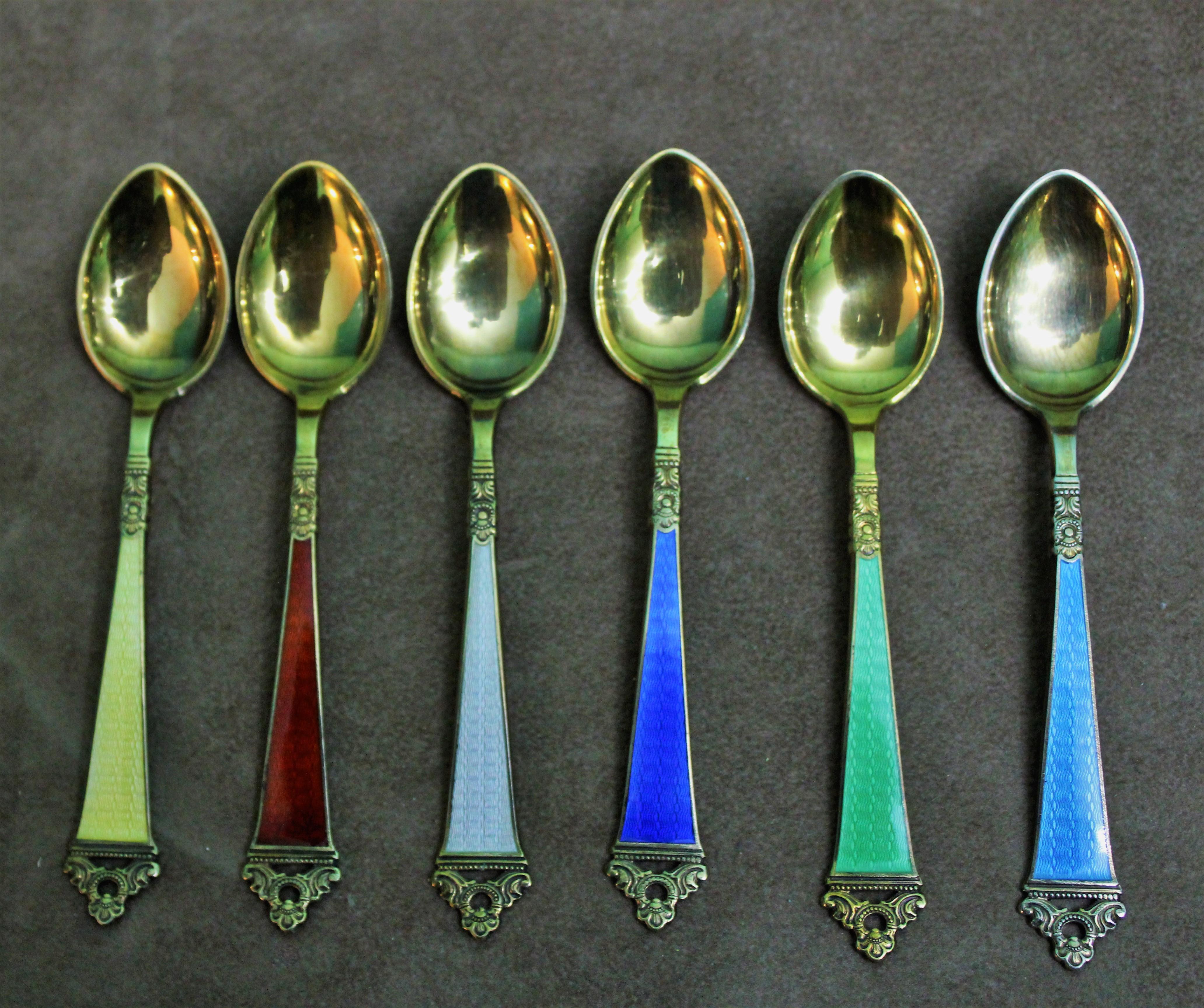Mid-20th Century 20th Century Set of 6 Sterling Silver Enameled Coffee Spoons Norway, 1960s For Sale