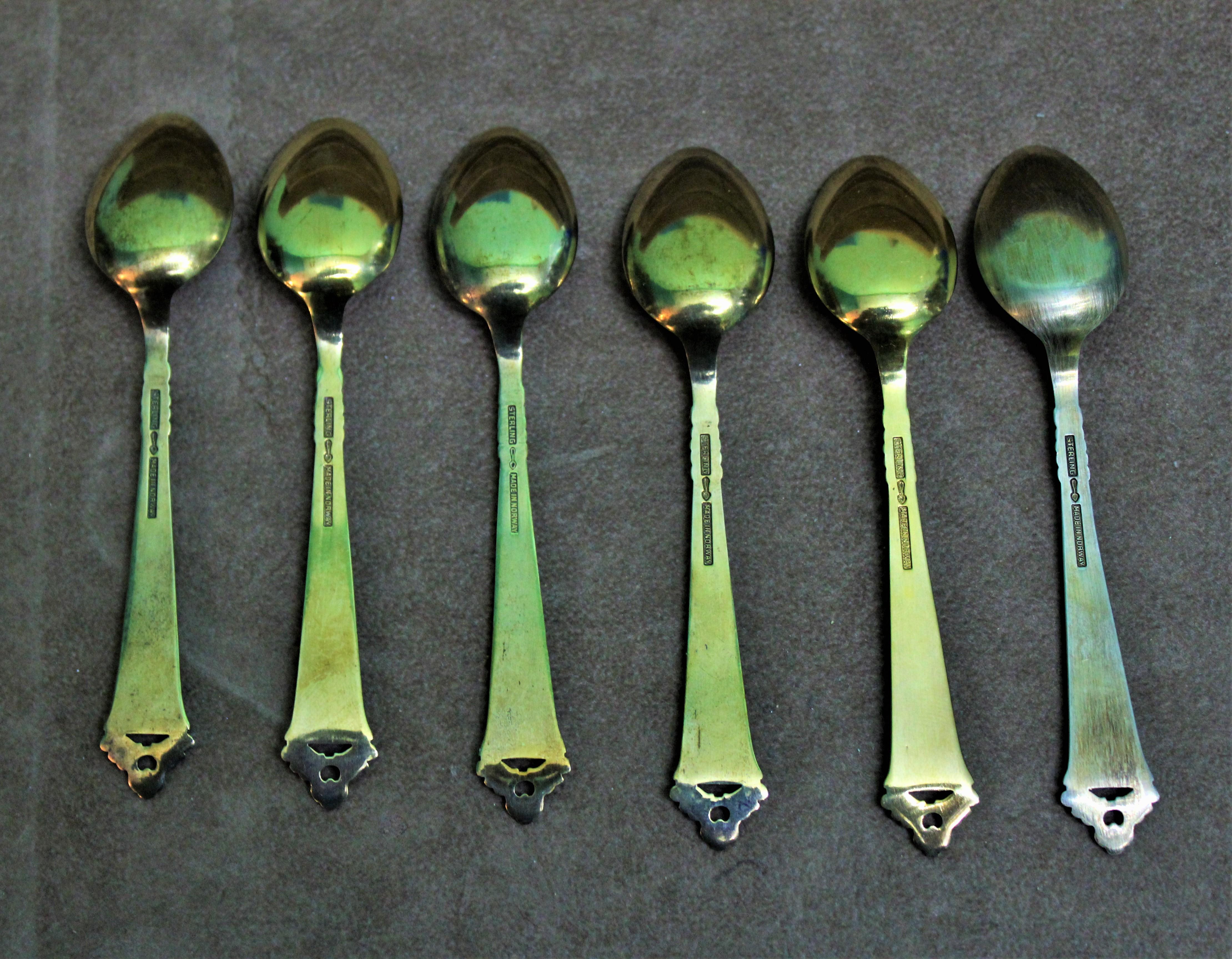 20th Century Set of 6 Sterling Silver Enameled Coffee Spoons Norway, 1960s For Sale 1