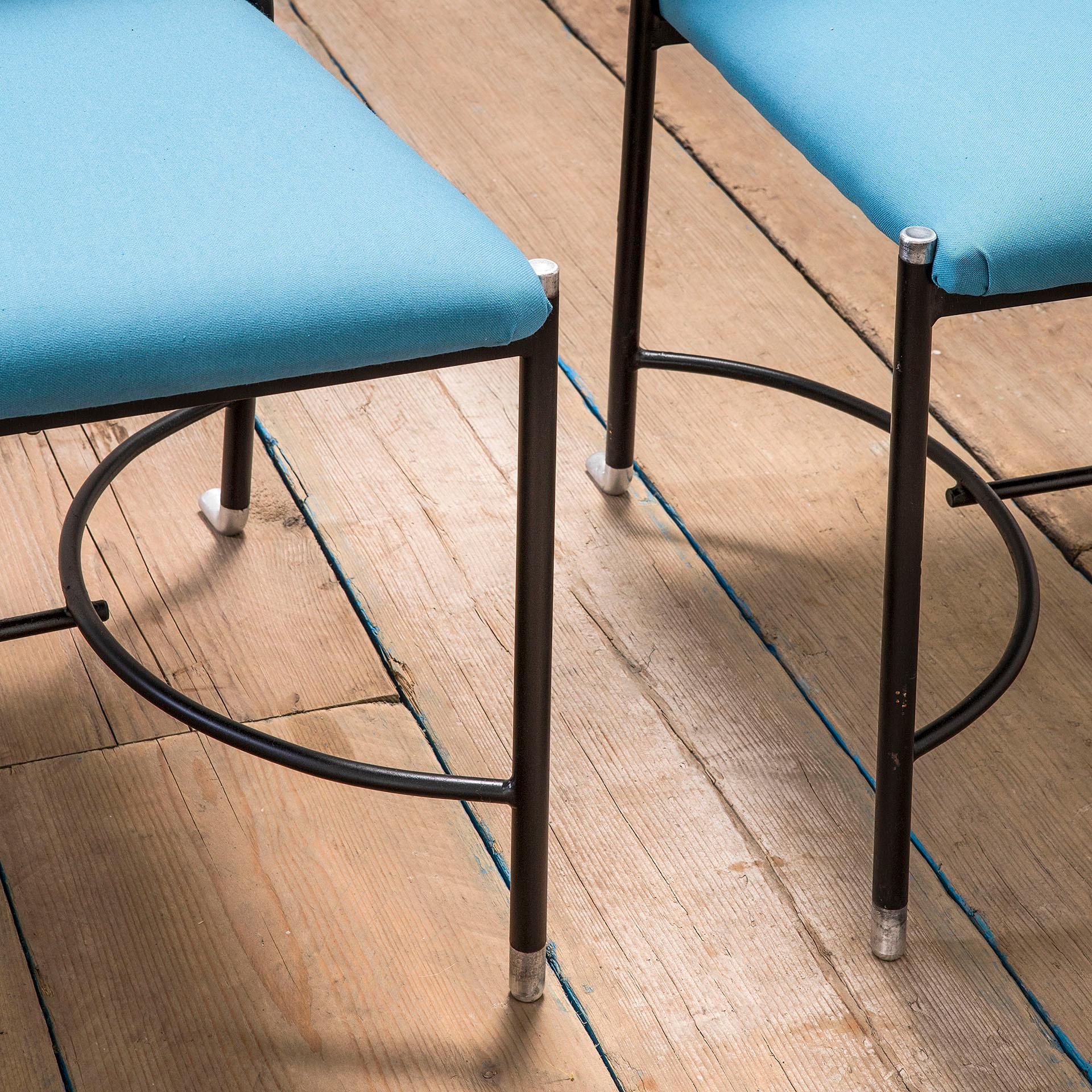 Italian 20th Century Set of 8 Chairs with Metal and Blue upholstery by A. Bertrand '50s