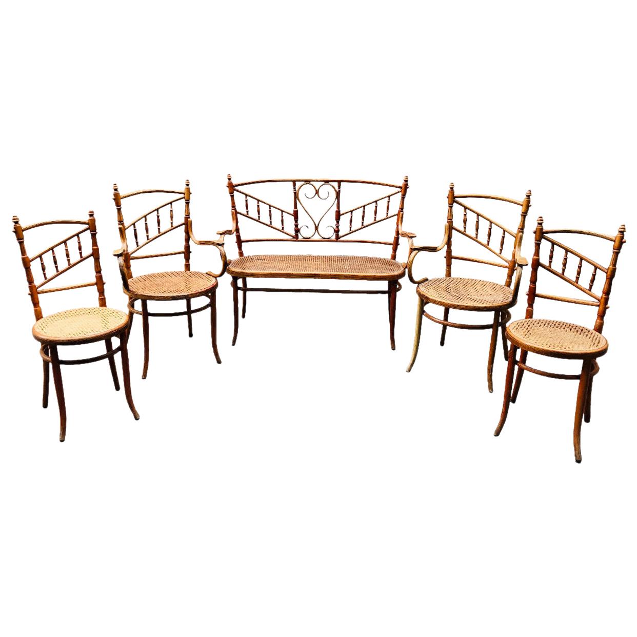20th Century Set of Asymmetrical Fischel Bench, Two Armchairs and Two Chairs