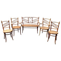 Set di panche asimmetriche Fischel del XX secolo, due poltrone e due sedie