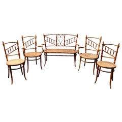 Antique 20th Century Set of Asymmetrical Fischel Bench, Two Armchairs and Two Chairs