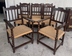 20th Century Set of Eight Catalan Chairs/Armchairs in Walnut and Caned Seats
