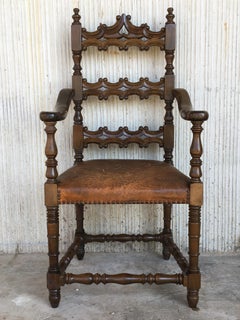 20th Century Set of Eight Catalan Chairs/Armchairs in Walnut and Leather Seats