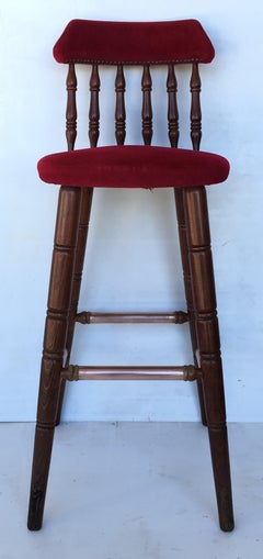 20th Century Set of Five Upholstered Bar Stools in Walnut and Red Velvet