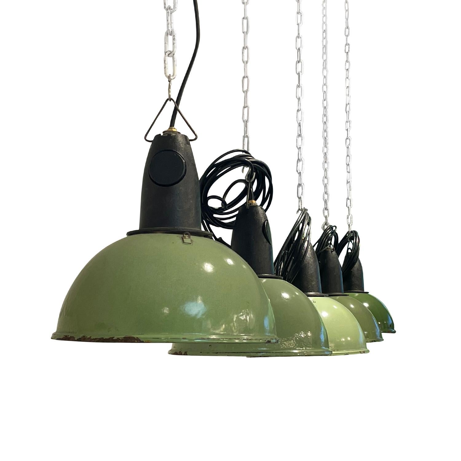 Hand-Crafted 20th Century Set of Five Vintage French Industrial Green Metal Ceiling Lights For Sale