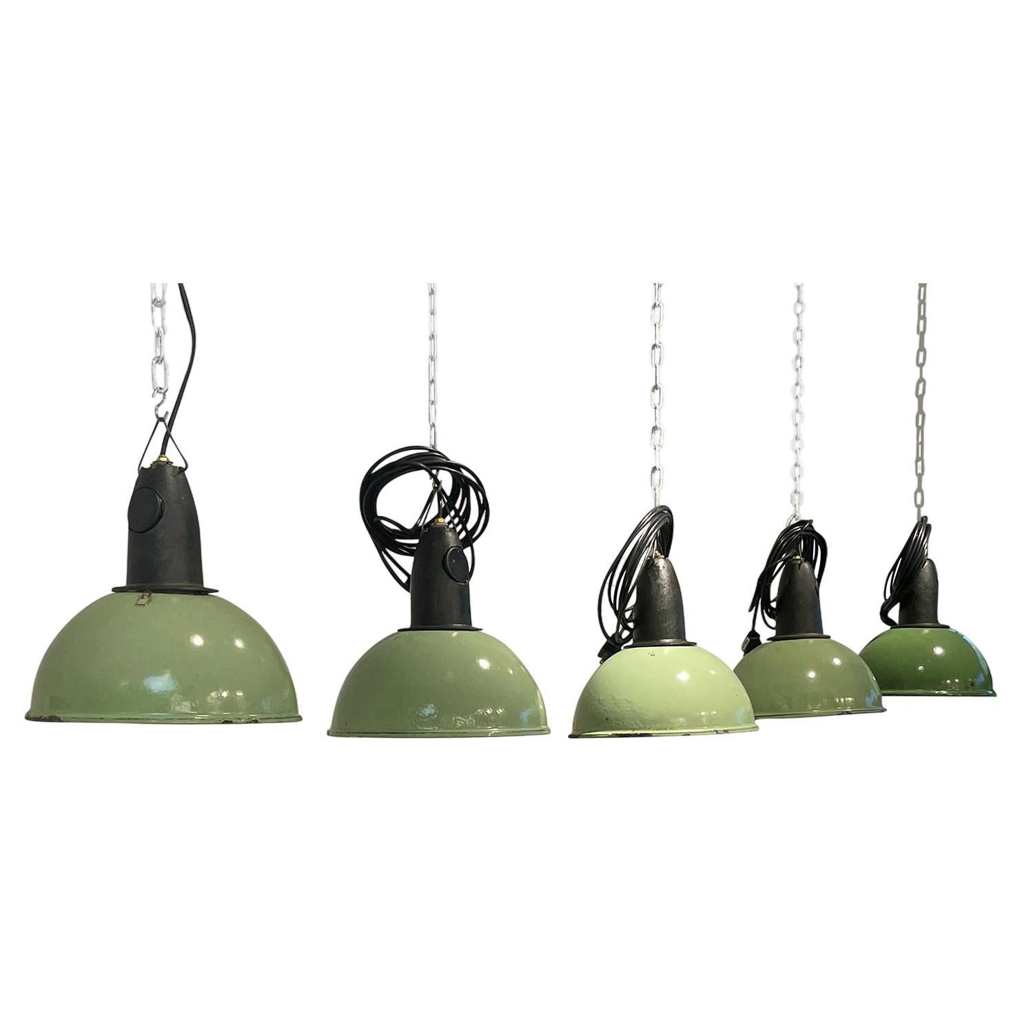 20th Century Set of Five Vintage French Industrial Green Metal Ceiling Lights For Sale