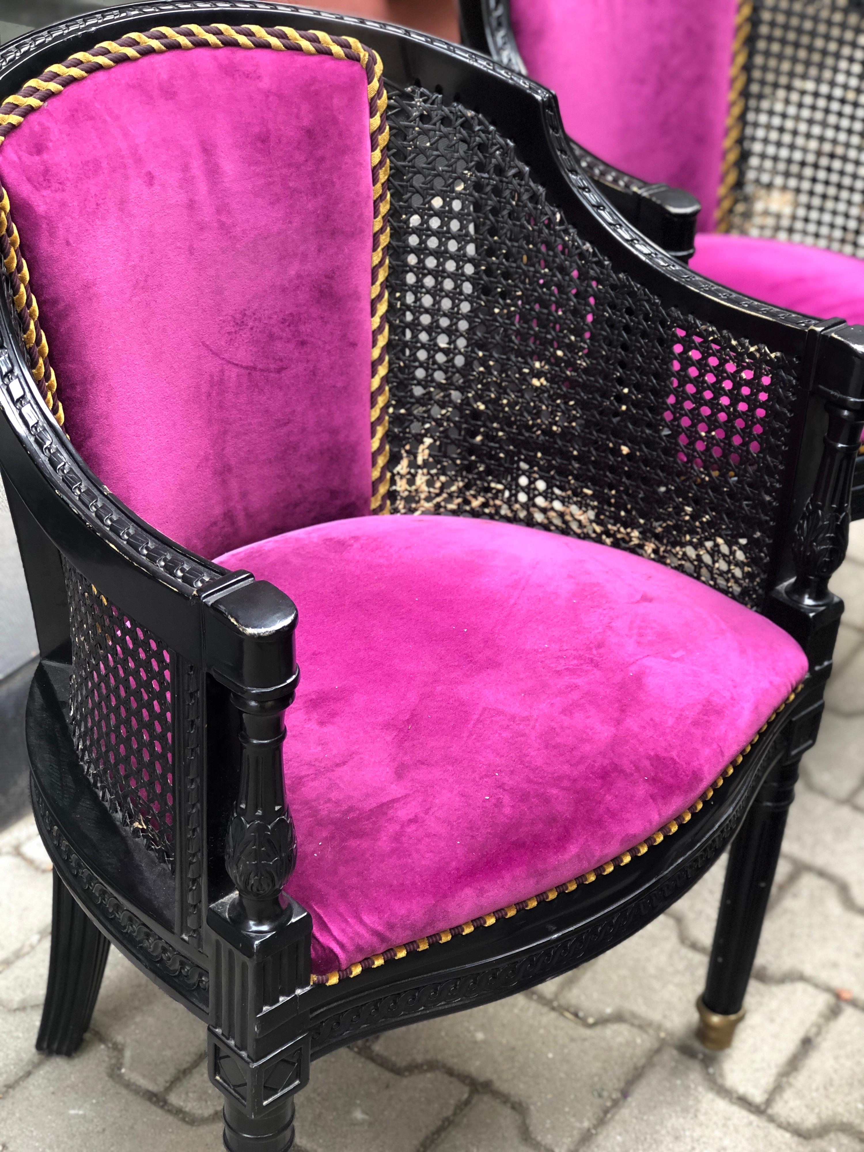 20th Century Set of Four Black Cane Armchairs in Purple Velvet and Wooden Frame In Good Condition For Sale In Sofia, BG