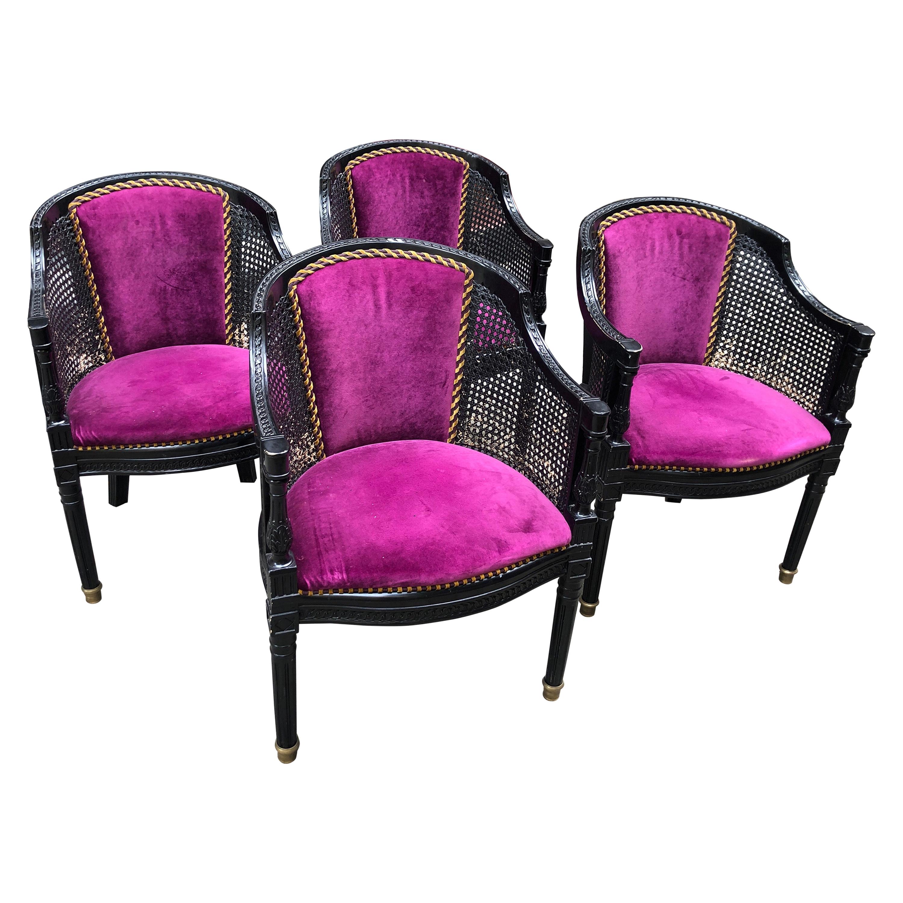 20th Century Set of Four Black Cane Armchairs in Purple Velvet and Wooden Frame For Sale